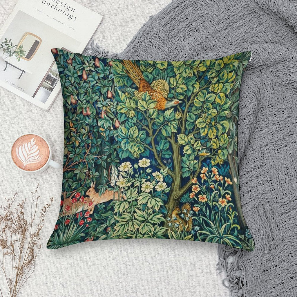GREENERY,FOREST ANIMALS Pheasant on Tree,Squirrel,Hares,Blue Green Floral Tapestry Soft Style Accent Throw Pillow