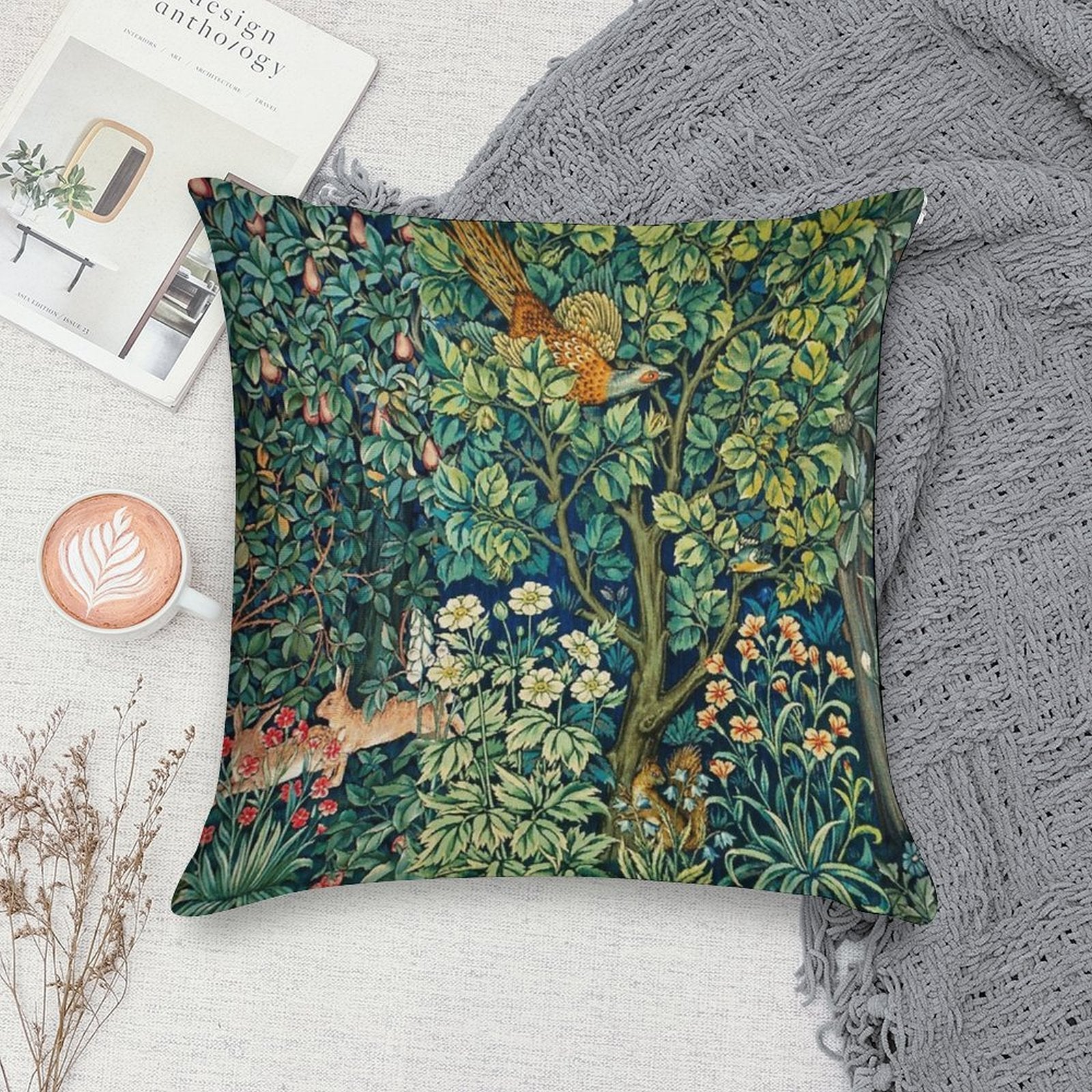 GREENERY,FOREST ANIMALS Pheasant on Tree,Squirrel,Hares,Blue Green Floral Tapestry Soft Style Accent Throw Pillow