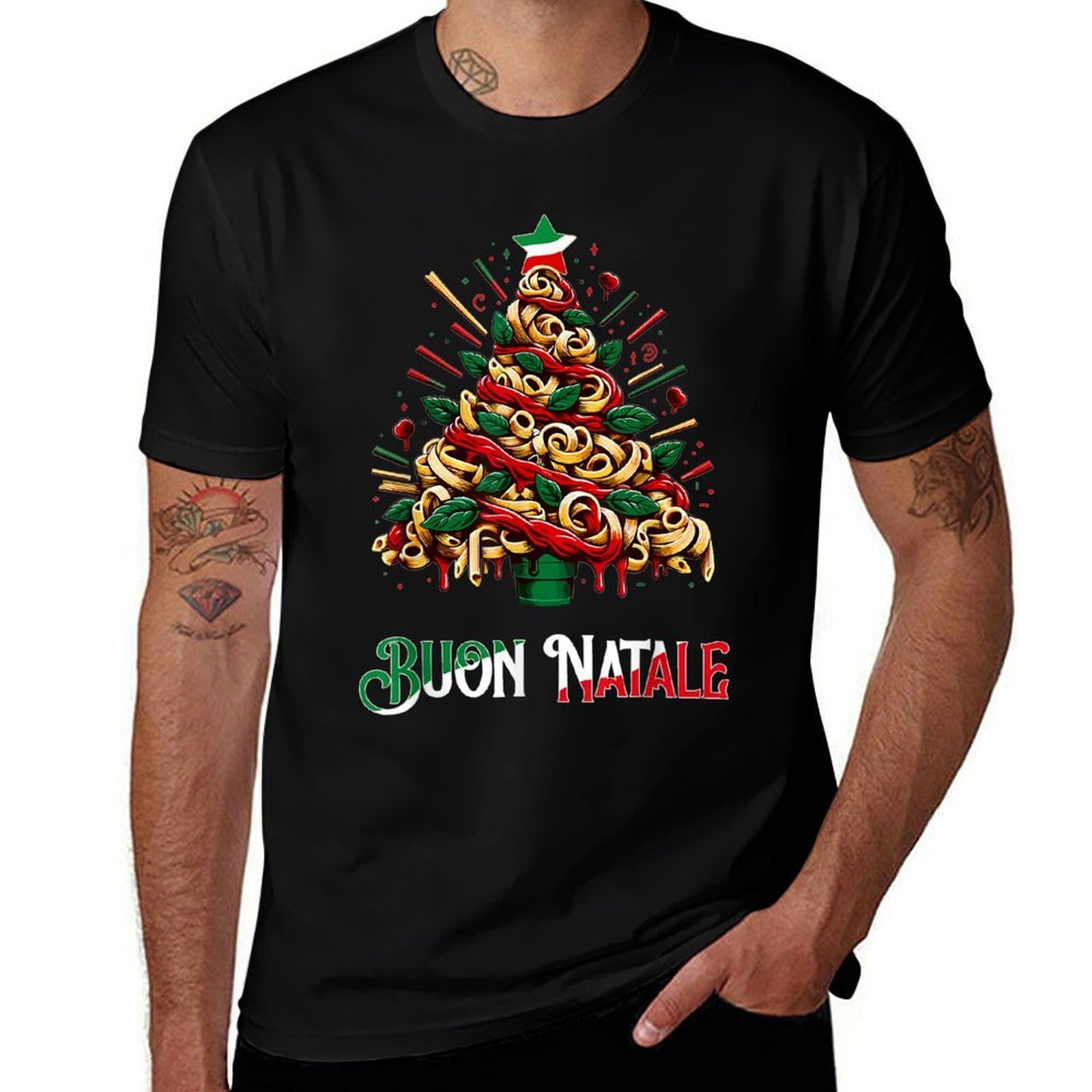 Buon Natale Italian Pasta Christmas Tree Xmas For Men Women  Cotton T-Shirt