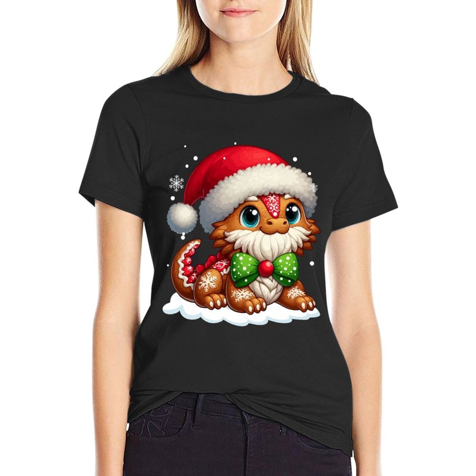 Santa Gingerbread Bearded Dragon Xmas Baking Cookies Baker  Rolled Sleeves T-Shirt