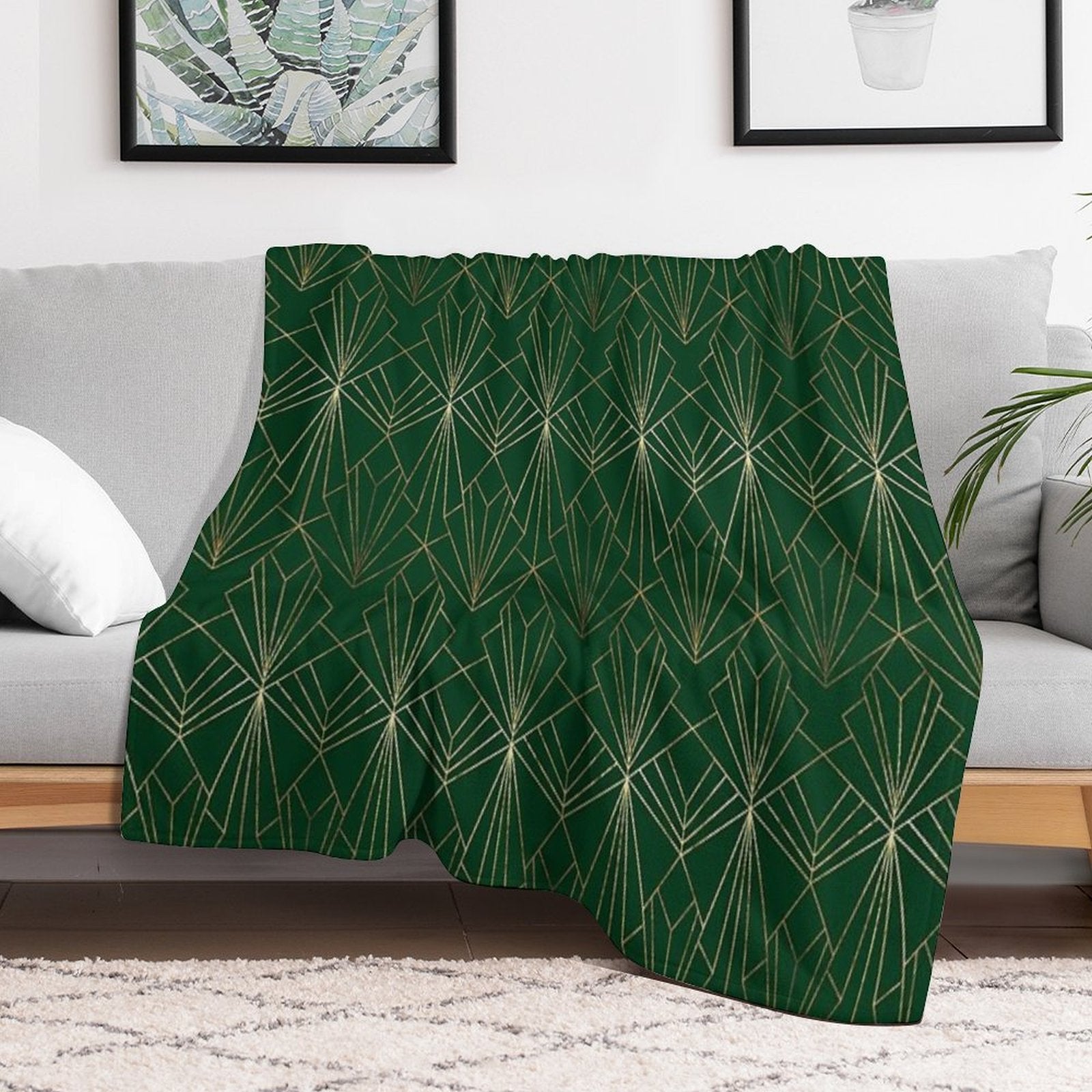 Art Deco in Emerald Green Machine-washable Throw Blanket