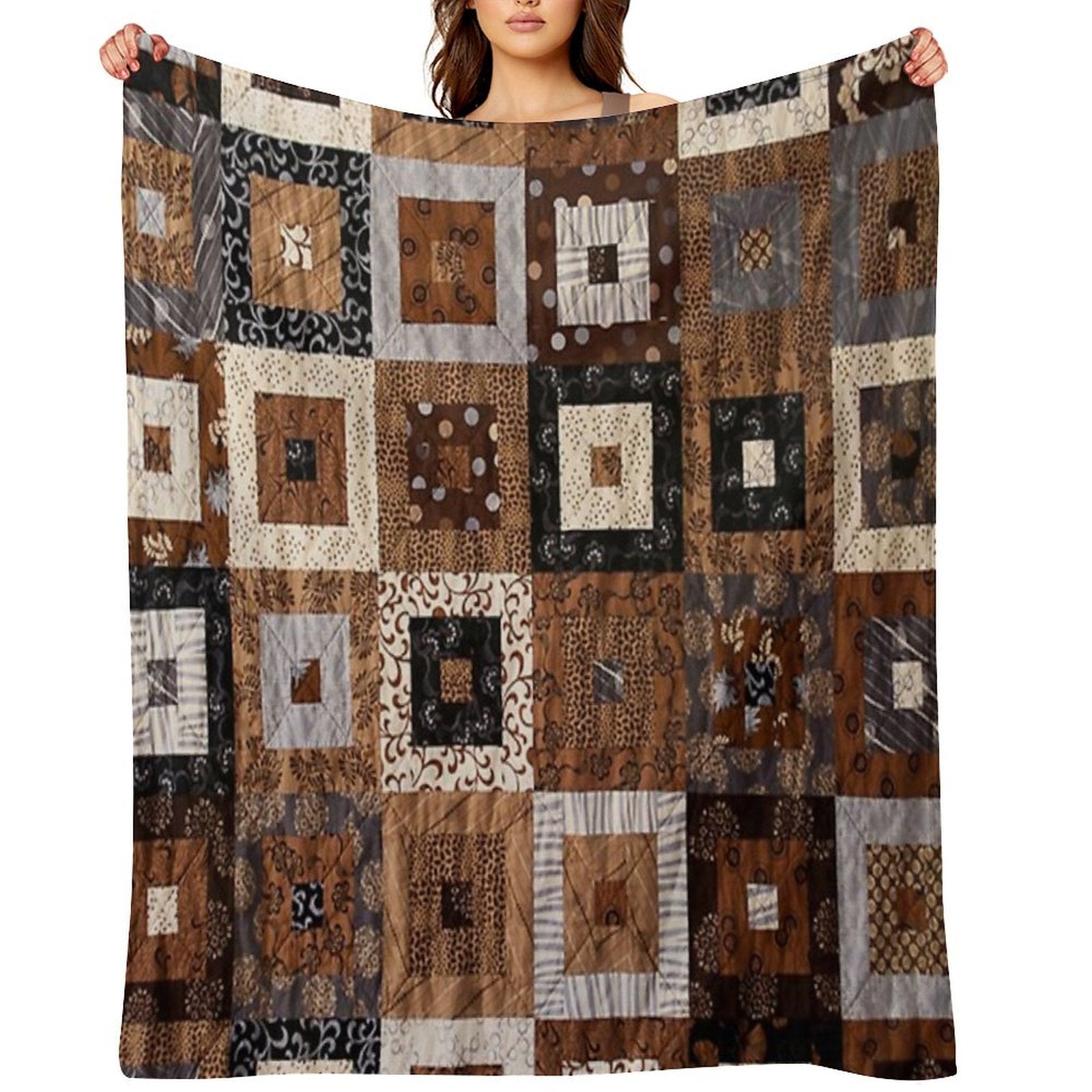 Classic Retro Brown Quilted Patchwork Quilting Pattern Mosaic Motif Multi-functional Throw Blanket