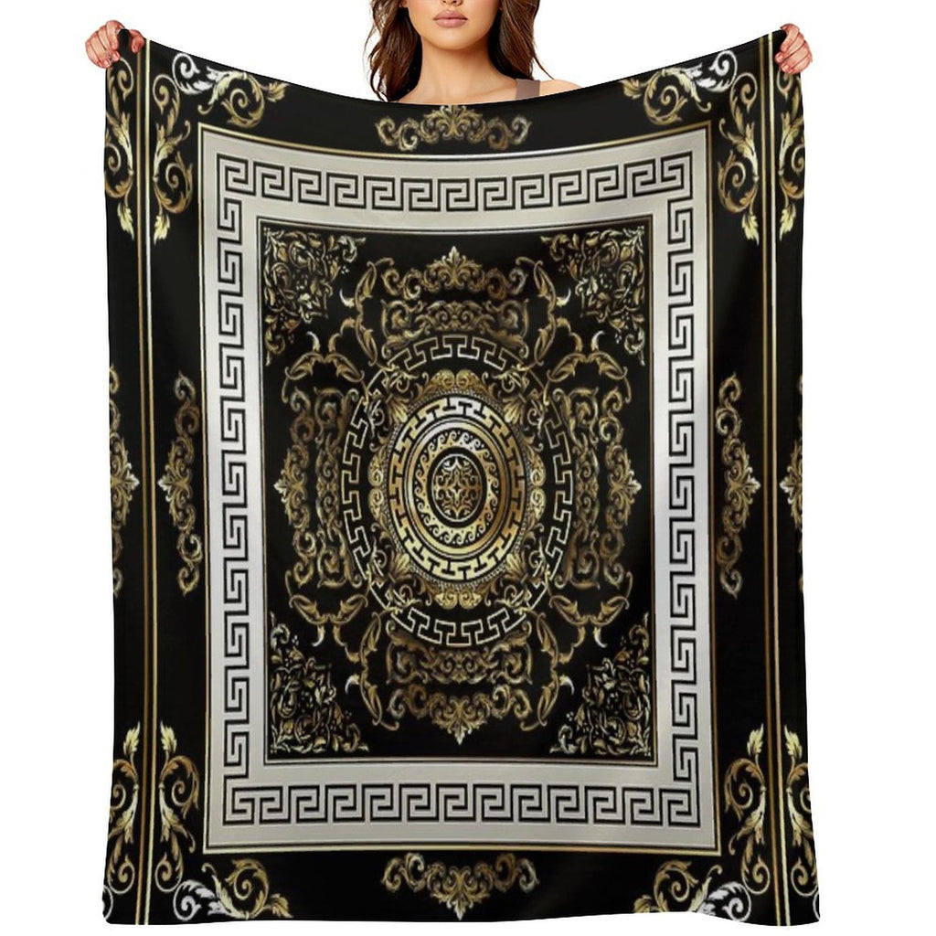 Ornate Baroque Filigree Black Cream Greek Key Meander Quick-dry Throw Blanket