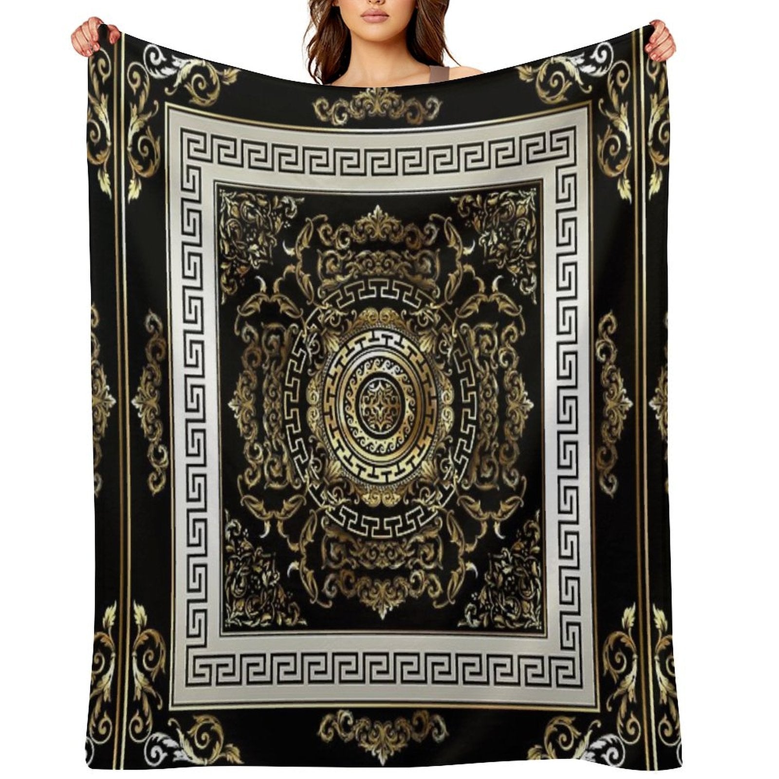 Ornate Baroque Filigree Black Cream Greek Key Meander Quick-dry Throw Blanket