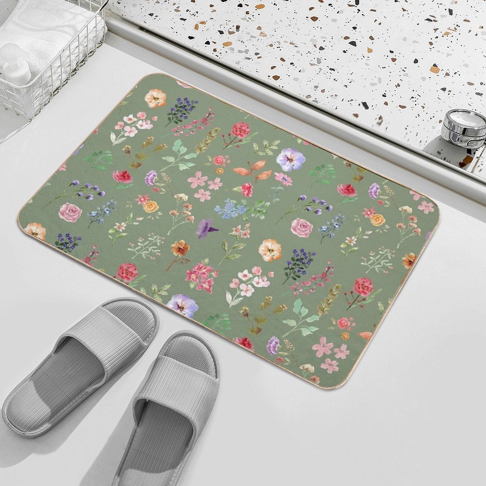 Watercolour Floral Pattern in Sage Green  Rapid-Drying Bath Mat