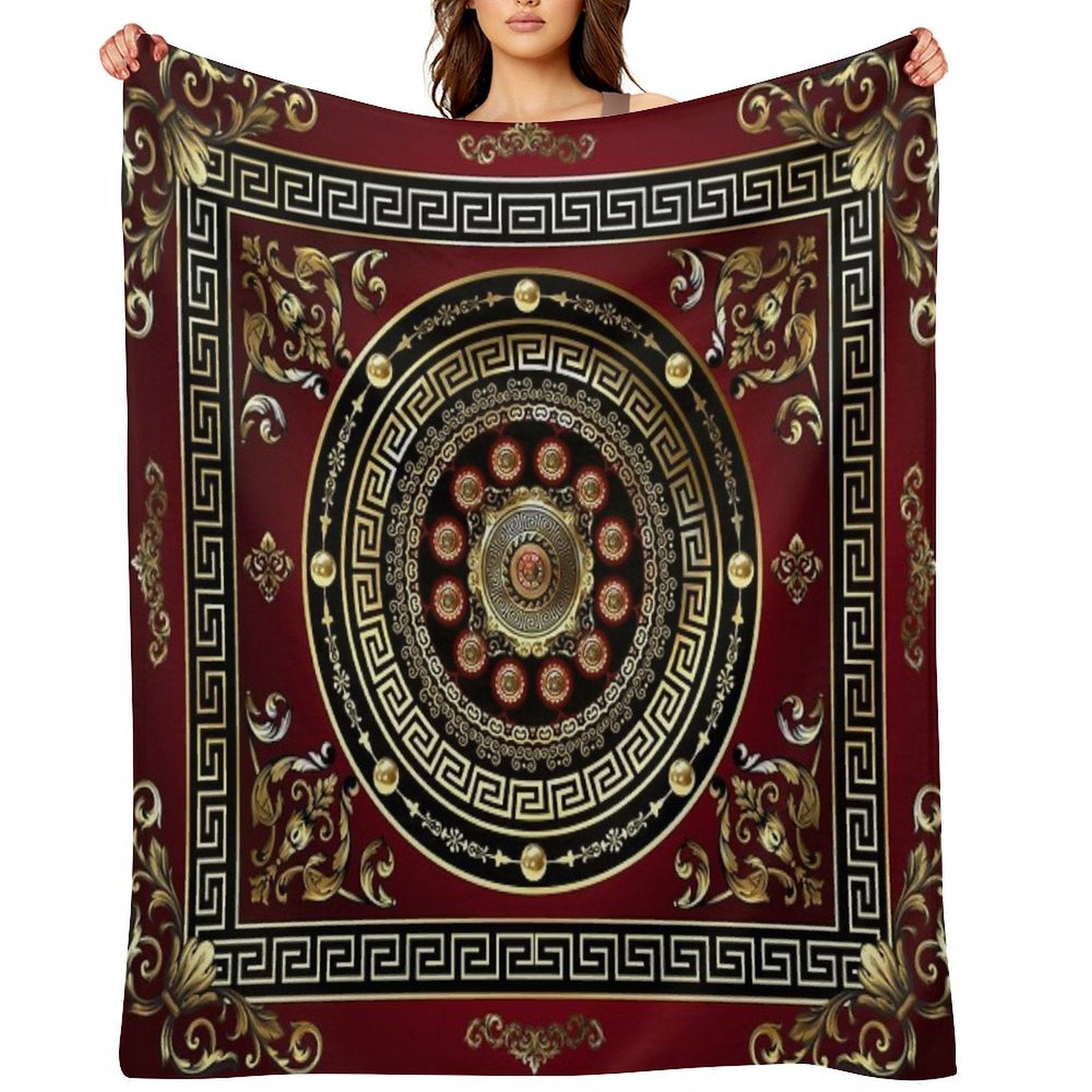 Greek Key Meander Red Gold Black Medallion Baroque Lightweight Throw Blanket
