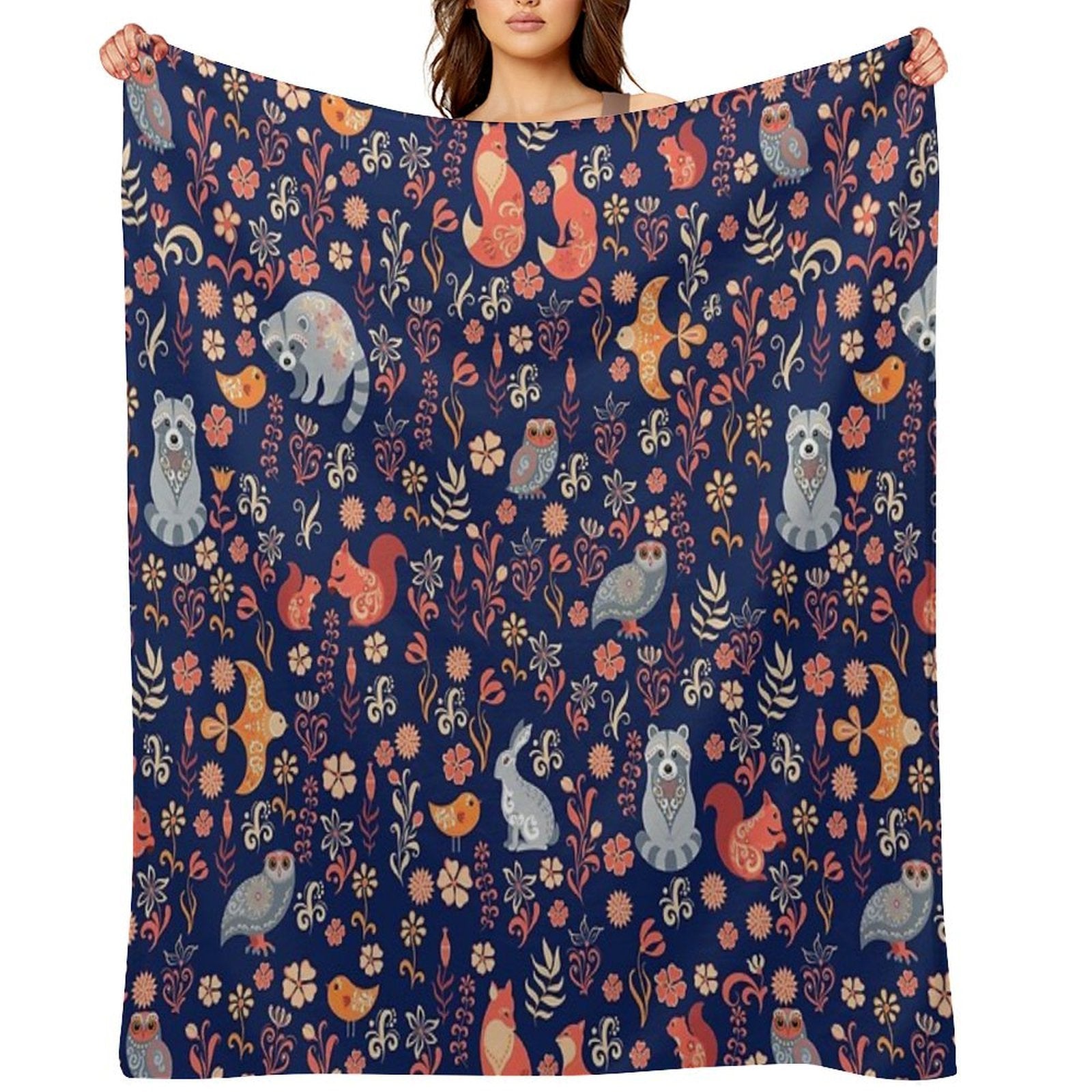 Fairy-tale Forest. Fox, Bear, Raccoon, Owls, Rabbits, Flowers And Herbs on A White Background. Seamless Pattern. Wrinkle-free Throw Blanket