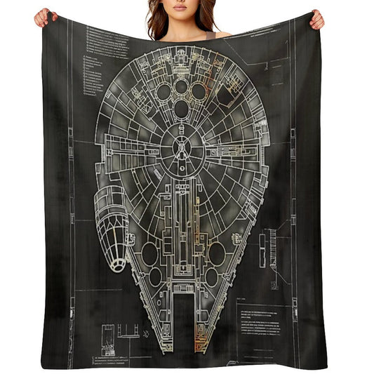 Millennium Falcon Star Wars Starship Blueprint Fan Art Plush Throw Blanket