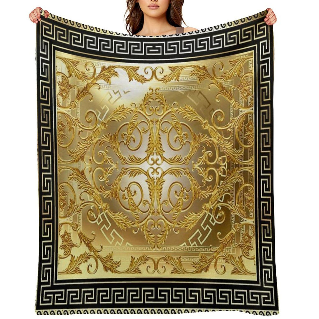 Ornate Baroque Gold Black Greek Keys Meander Sustainable Throw Blanket