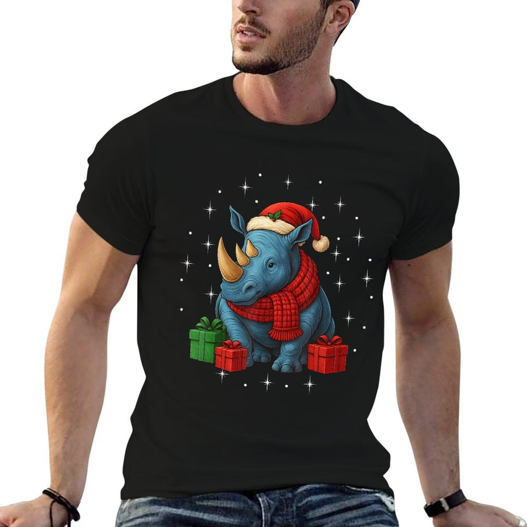 Funny Rhino Christmas PJ Pajama Men Women PJS for Family  High-quality Stitching T-Shirt
