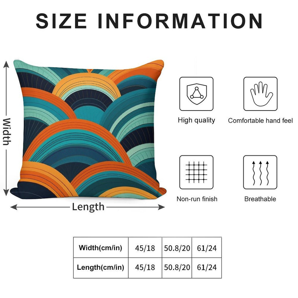 Mid-Century Dreamscape Teal And Orange Curved Lines Pattern Soft Shrink-Resistant Throw Pillow