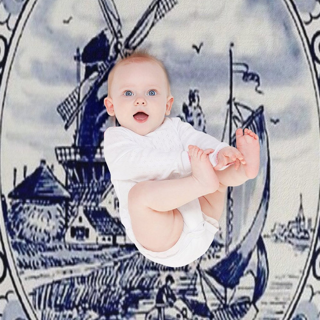 DUTCH BLUE DELFT Vintage Windmill Print Compact Throw Blanket