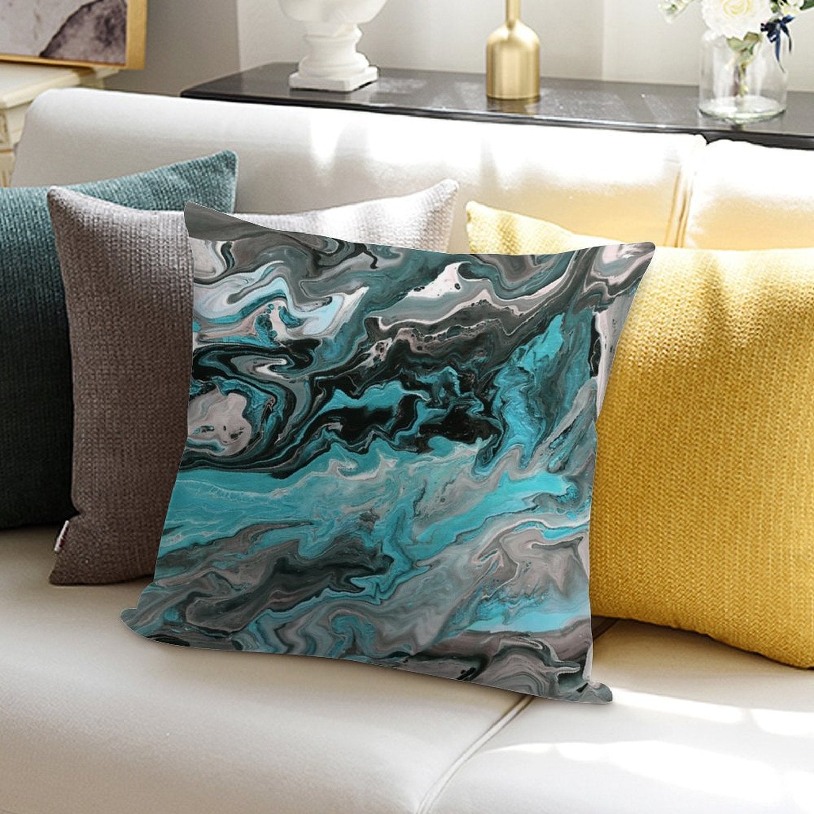 Turquoise Vein Marble Soft Fade-Resistant Throw Pillow