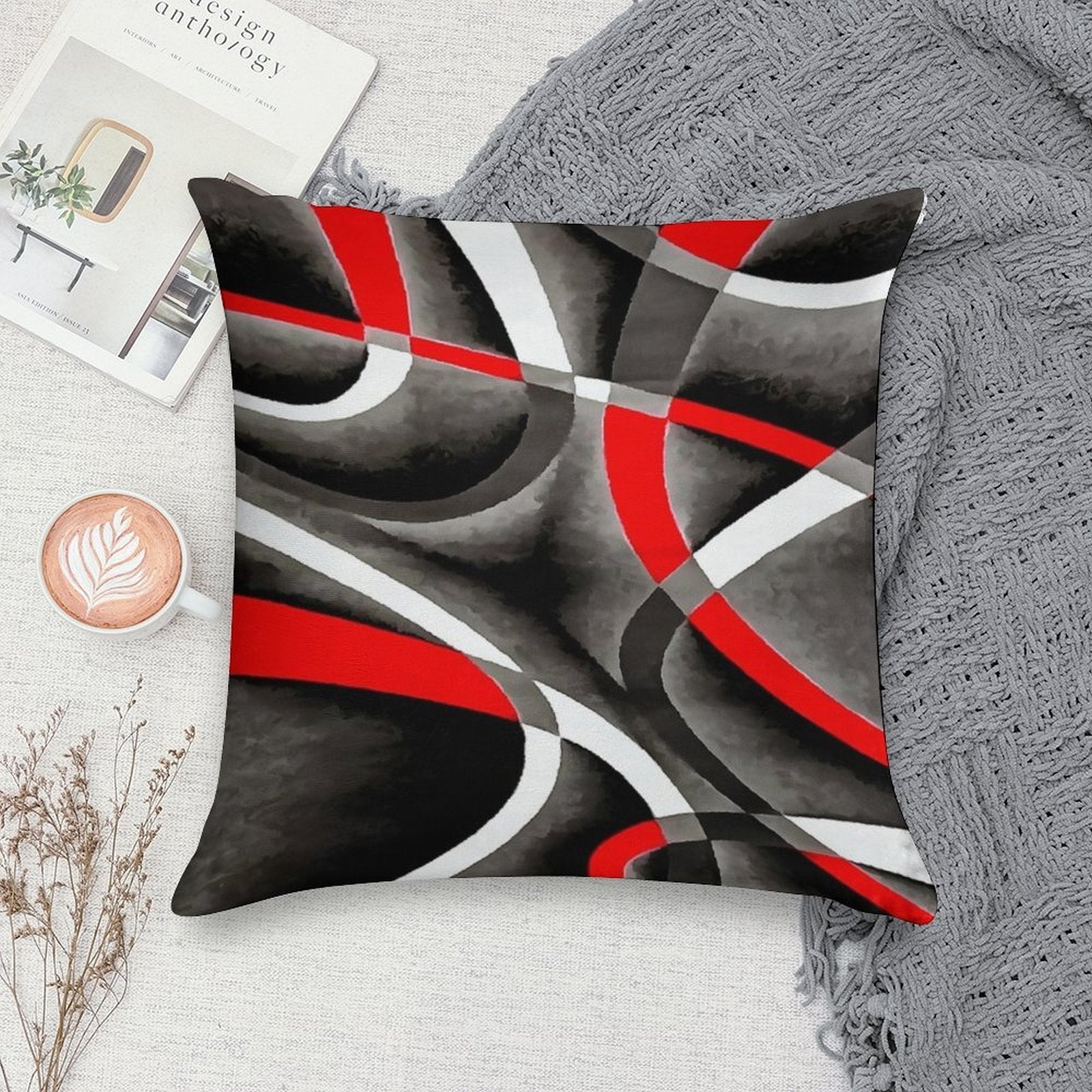 Eighties Red White Grey Line Curve Pattern On Black Soft Anti-Pilling Throw Pillow