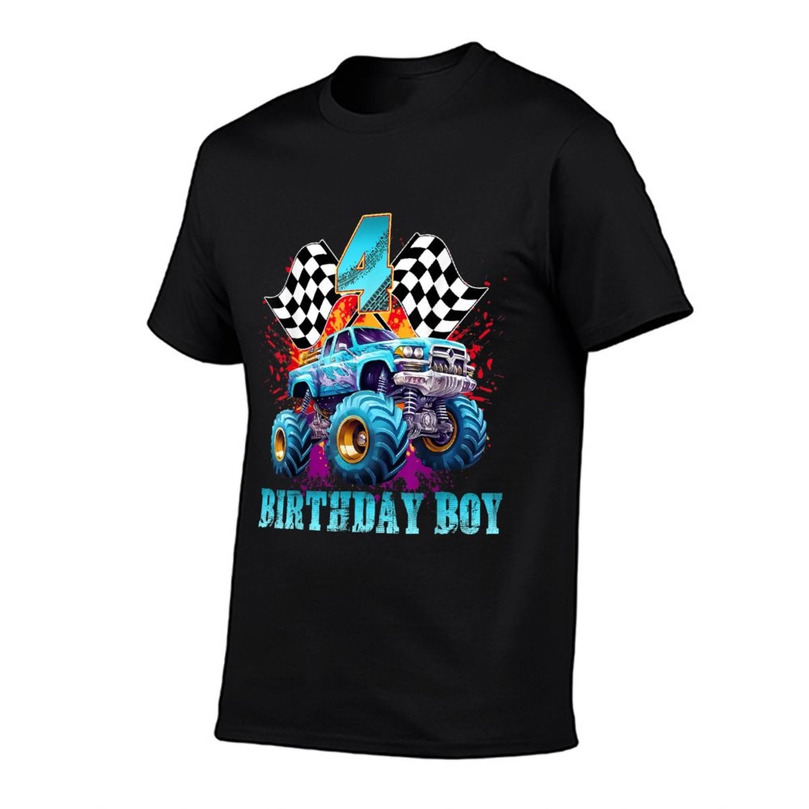 4 Year Old 4th Birthday Boys Monster Truck Car  Fade-proof Color T-Shirt