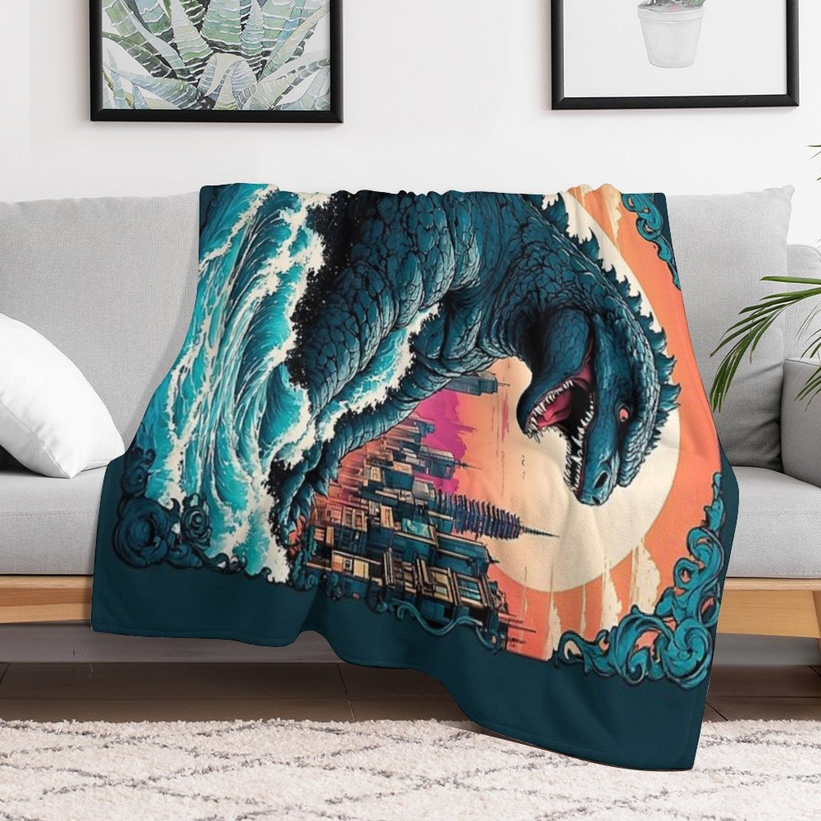 Godzilla Gojira Tokyo City Retro Vintage Ornamental Design Durable Throw Blanket