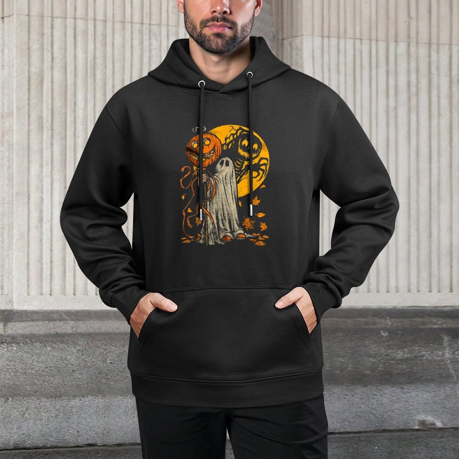 Halloween Pumpkin Ghost Autumn Leaves Graphic Art Versatile Streetwear Hoodie