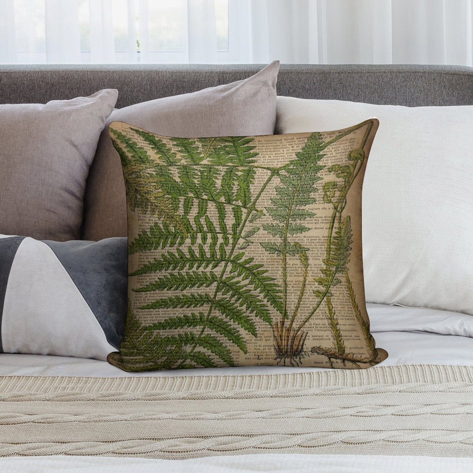 Vintage Foliage Hipster Botanical Print Fern Leaves Soft Multiple Sizes Throw Pillow