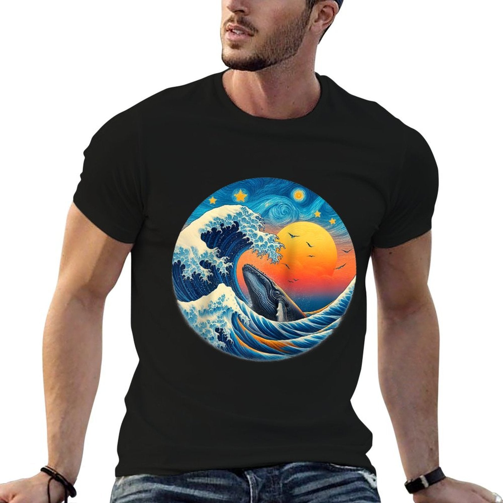 Sunset Whale Wave - Ocean, Starry Night, Sky, Van Gogh Style Raglan Baseball  Durable T-Shirt