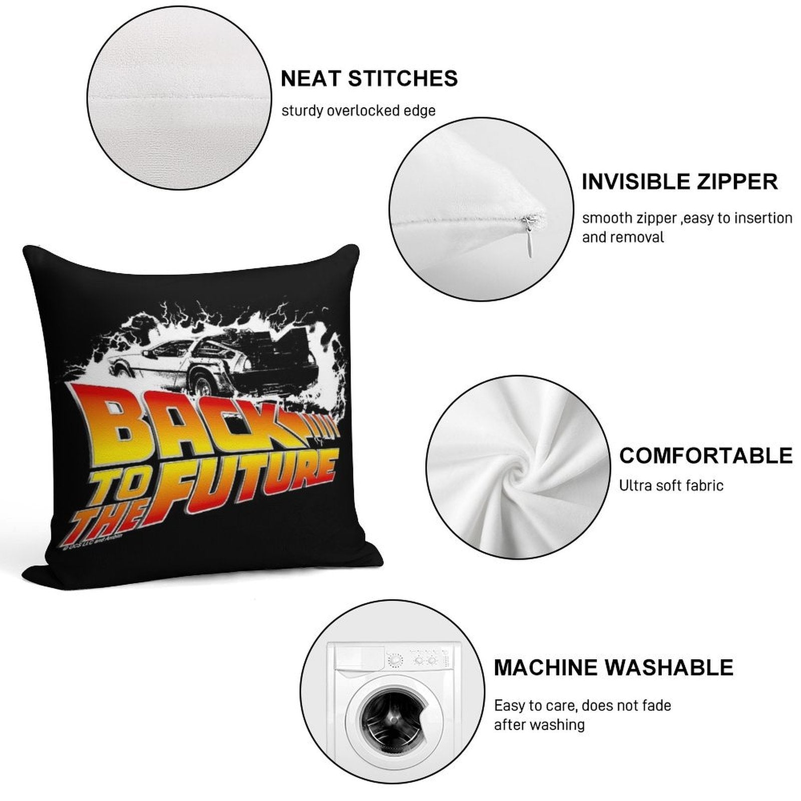 Back to The Future - DeLorean White Stencil Fan Art Soft Gift Ready Throw Pillow