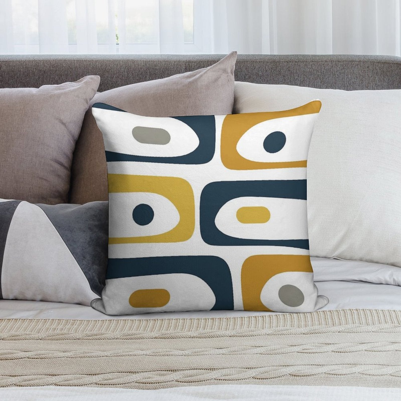 Mid Century Modern Piquet Abstract Minimalist Pattern in Navy Blue, Light And Dark Mustard, Grey, And White Soft Home Decor Throw Pillow