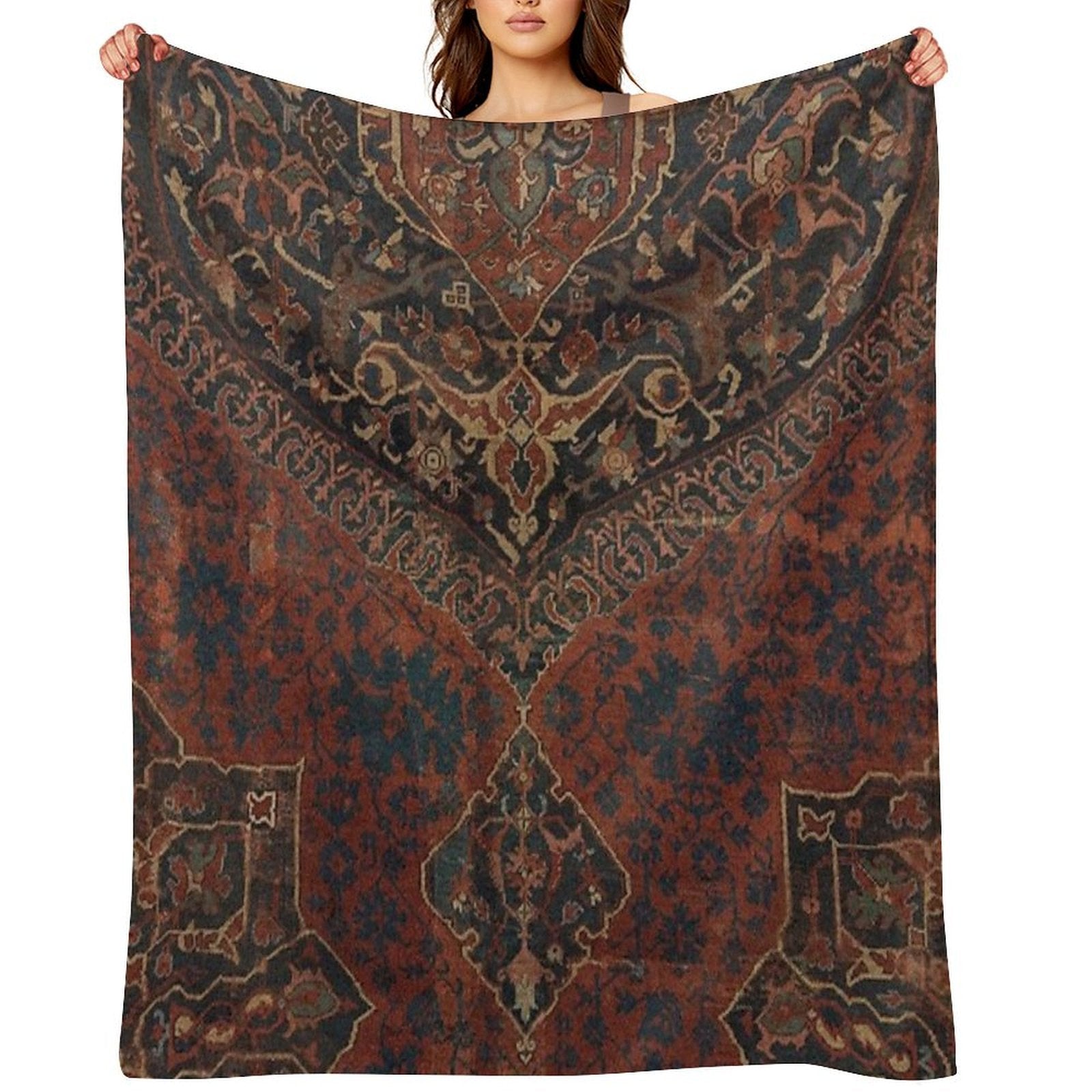 Boho Chic Dark VII  17th Century Colorful Medallion Red Blue Green Brown Ornate Accent Rug Pattern Travel-friendly Throw Blanket