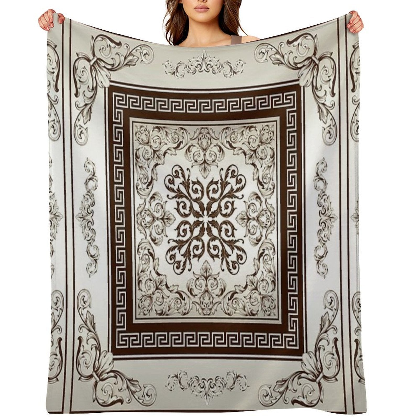 Baroque Filigree Cream And Brown Greek Meander Comfort Throw Blanket
