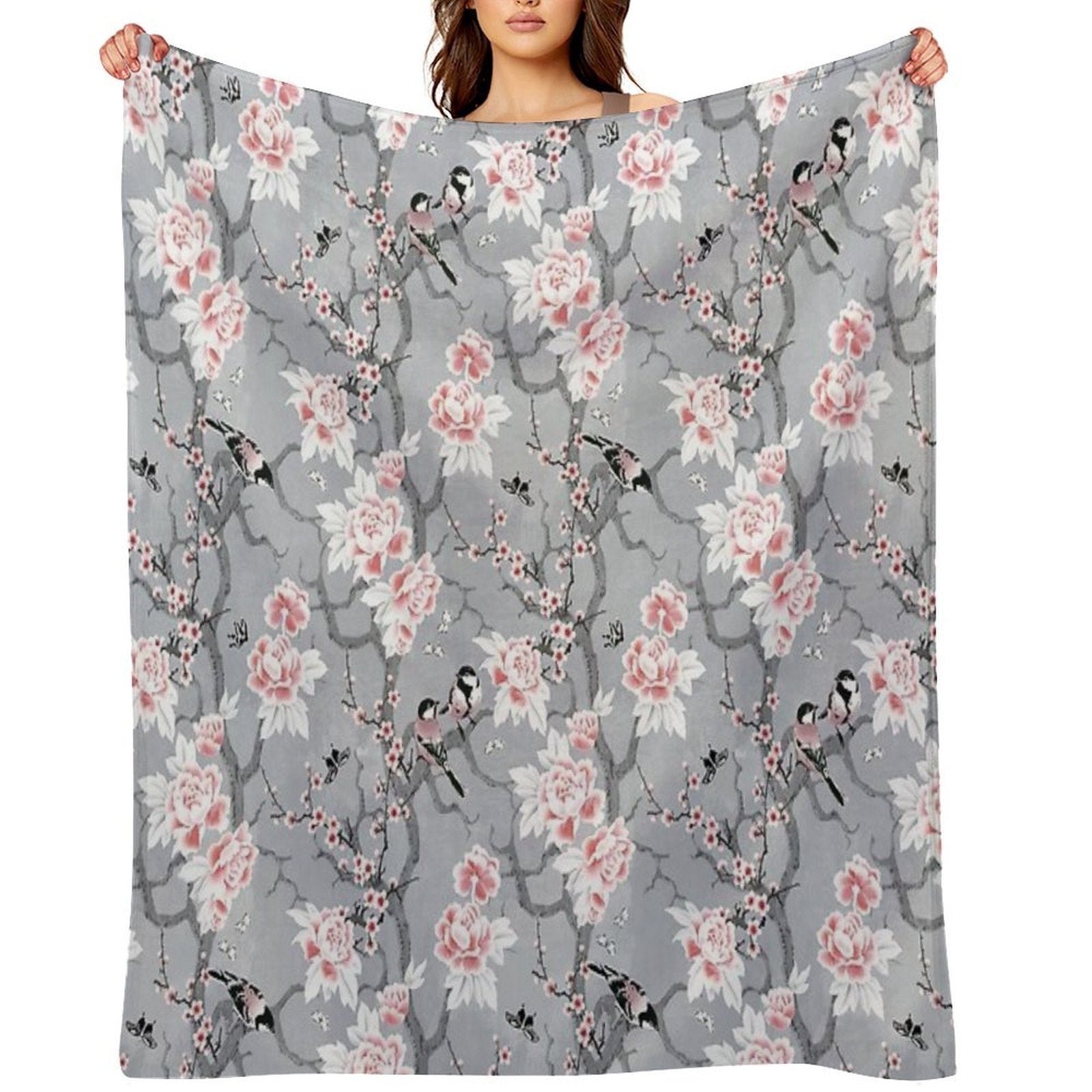 Chinoiserie Birds in Grey Wrinkle-free Throw Blanket