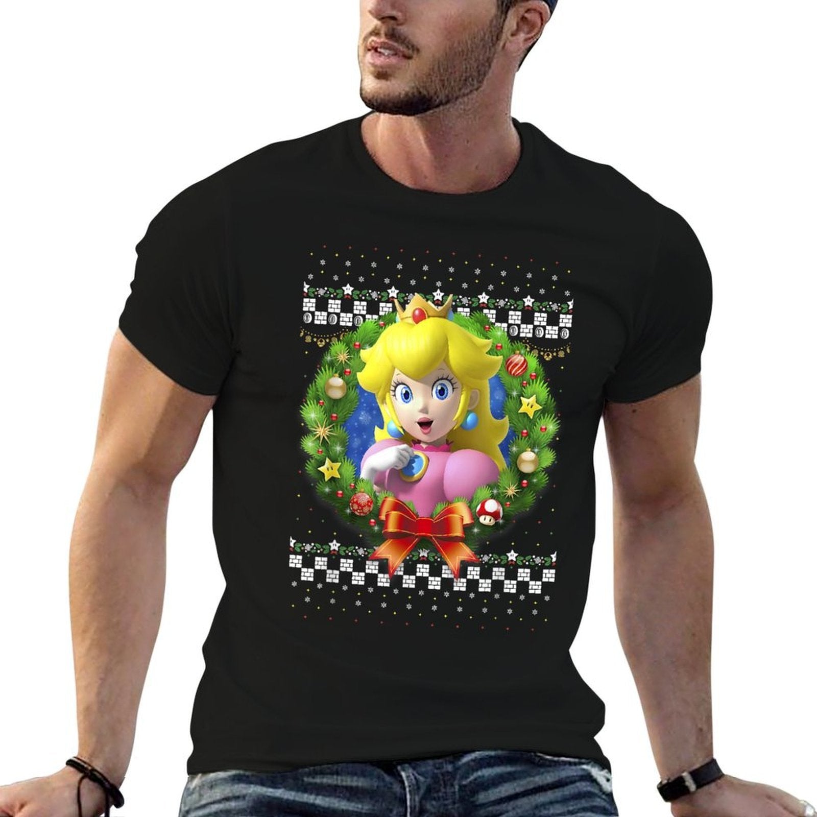 Super Mario Christmas Princess Peach Ugly Sweater  High-quality Stitching T-Shirt
