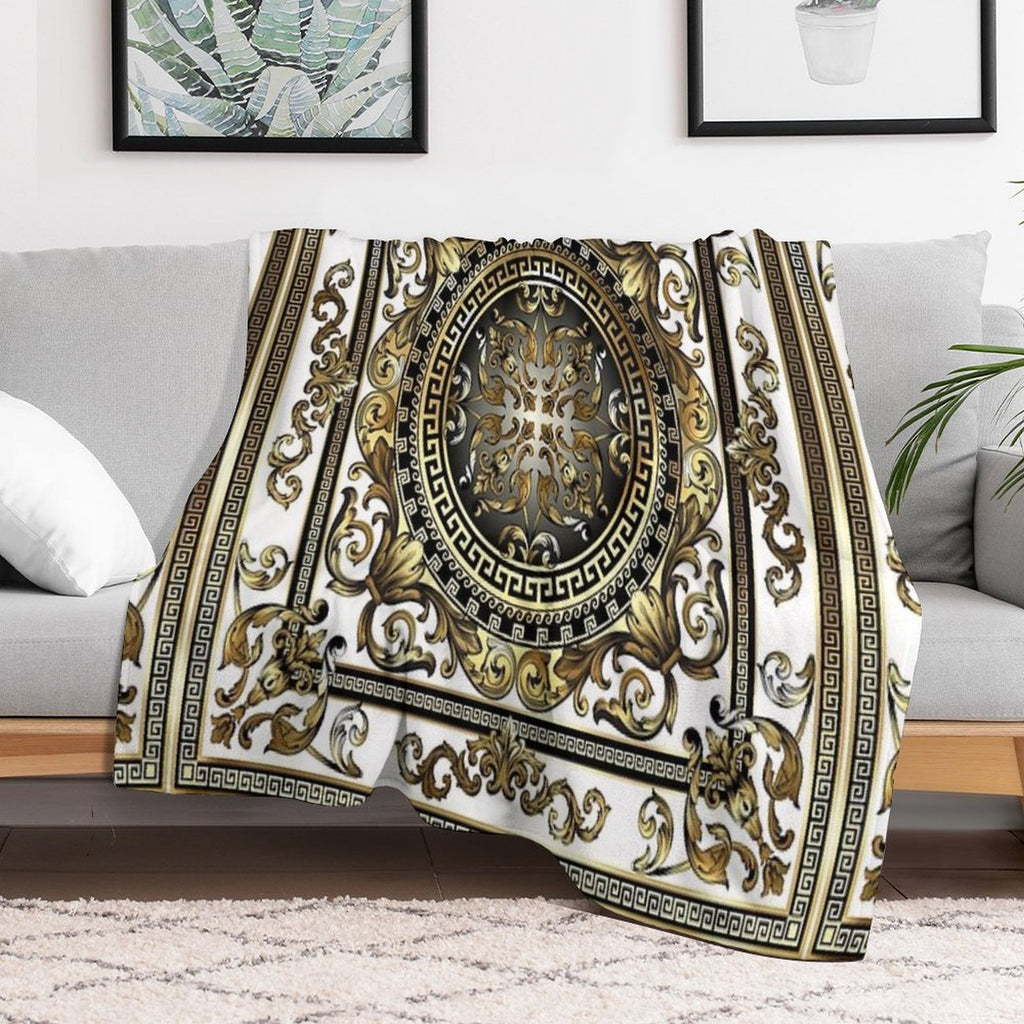 Ornate Baroque White Gold Black Greek Keys Gift-ready Throw Blanket