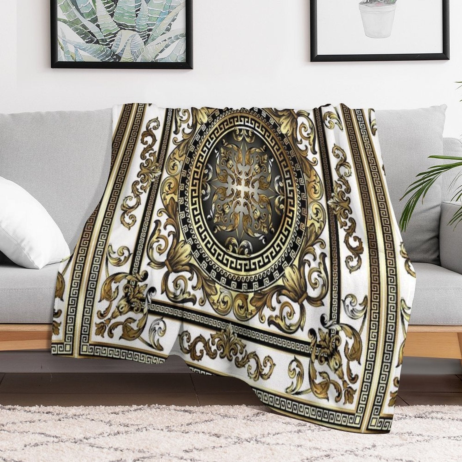 Ornate Baroque White Gold Black Greek Keys Gift-ready Throw Blanket