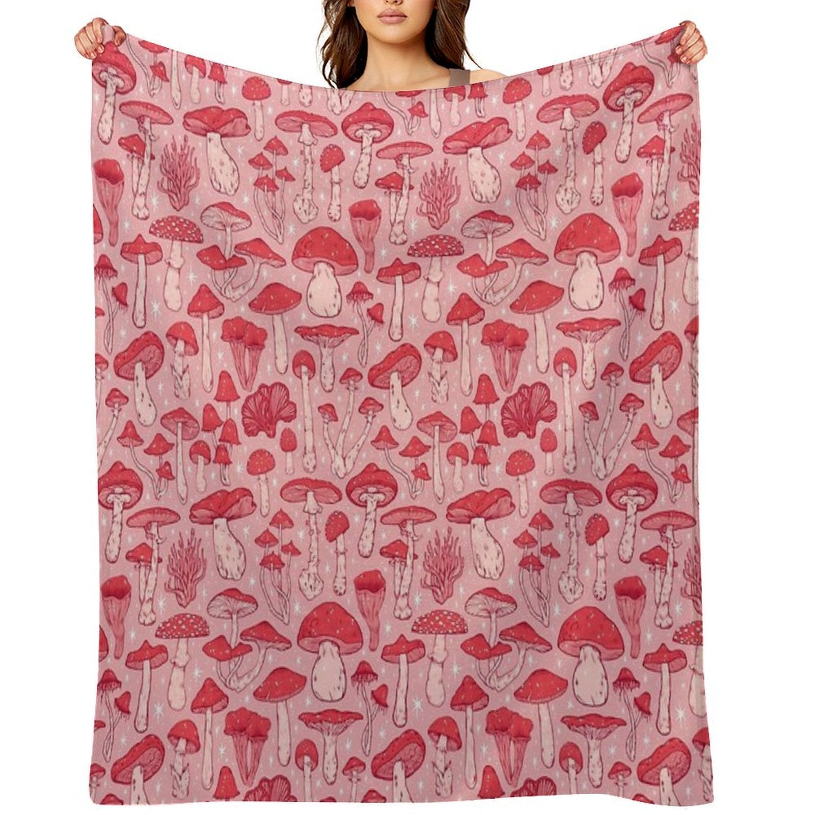 Deadly Mushrooms Red on Pink Eco-conscious Throw Blanket