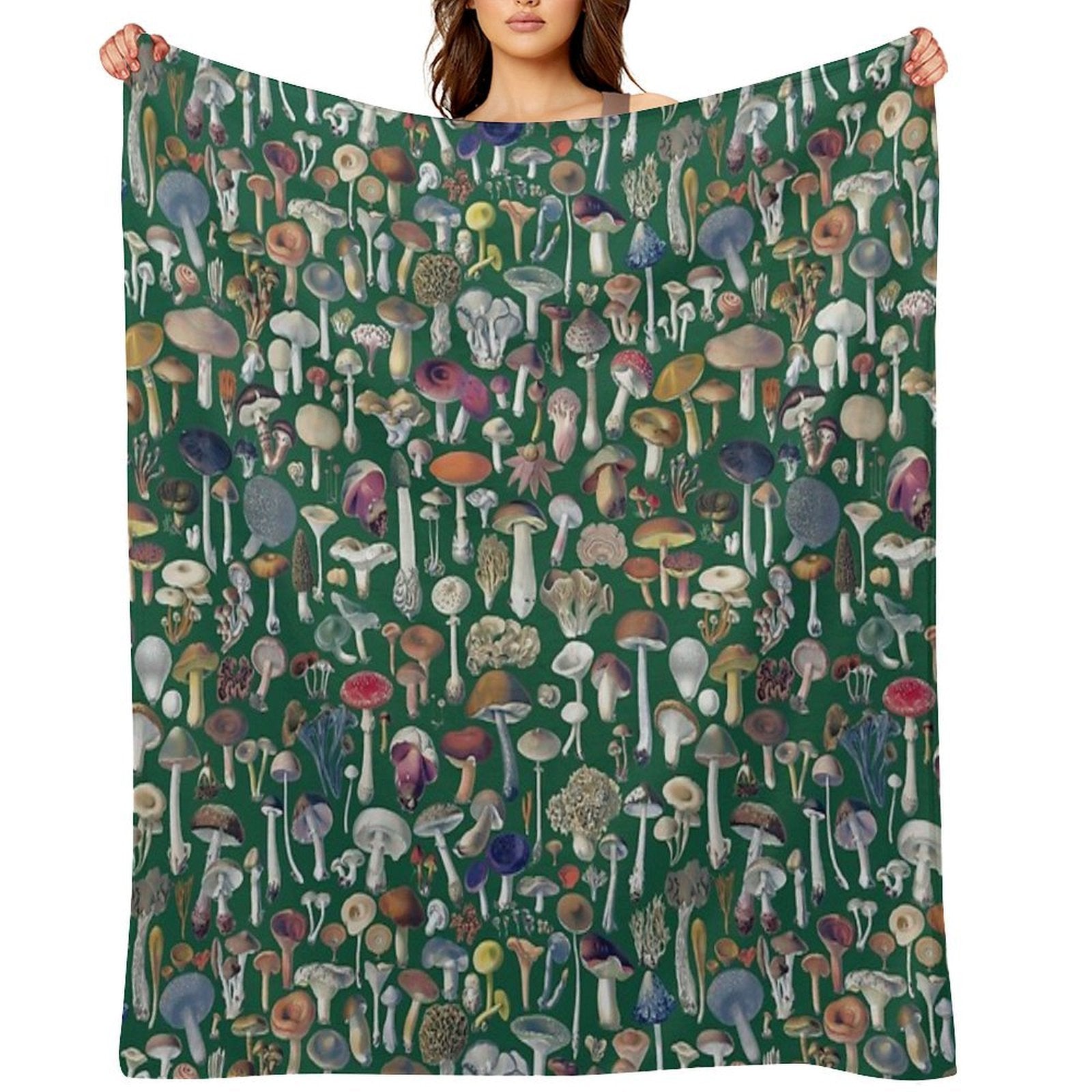 Vintage Mushrooms Pattern - Green Shrink-resistant Throw Blanket