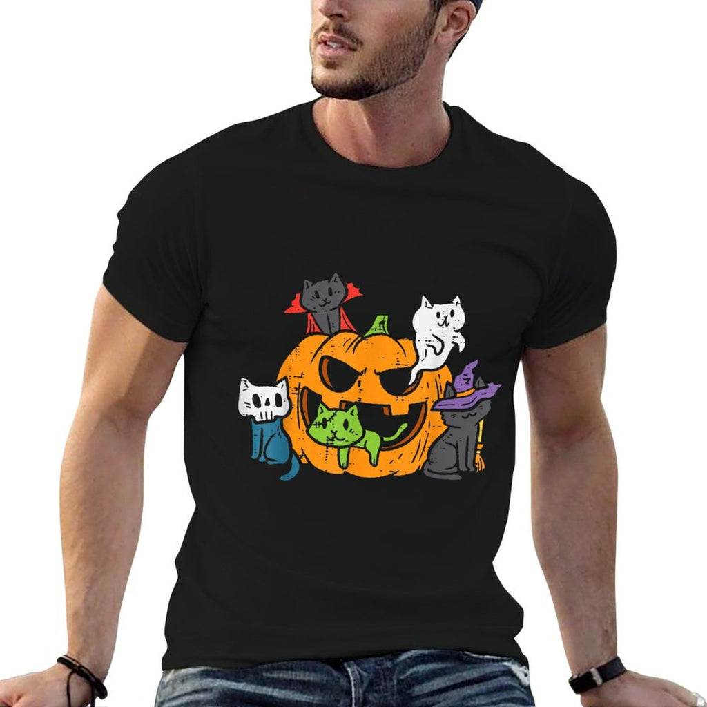 Vampire Ghost Zombie Witch Cats In Pumpkin Cute Halloween  Ribbed Collar T-Shirt