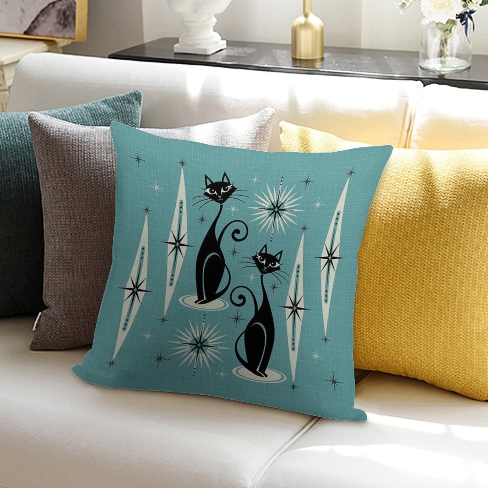 Mid Century Meow on Blue - Large Scale Soft Bedroom Essential Throw Pillow