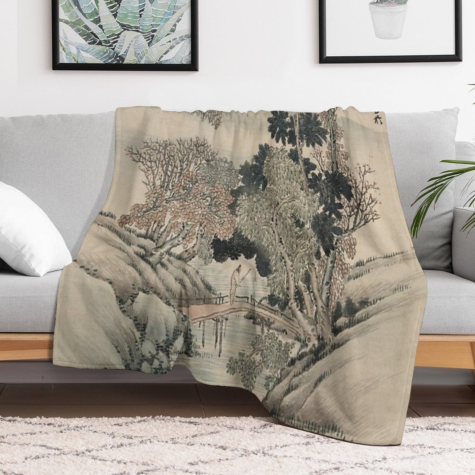 Vintage Japanese Landscape Painting Wrinkle-free Throw Blanket