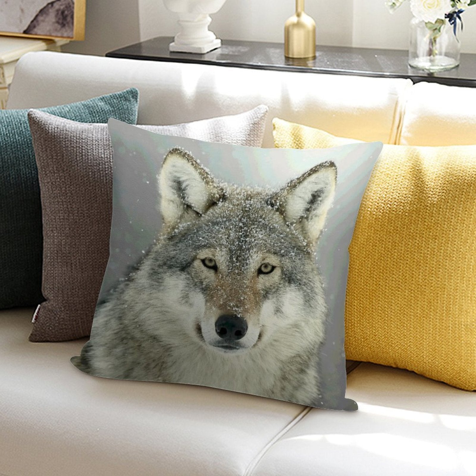 GREY WOLF Soft Shrink-Resistant Throw Pillow