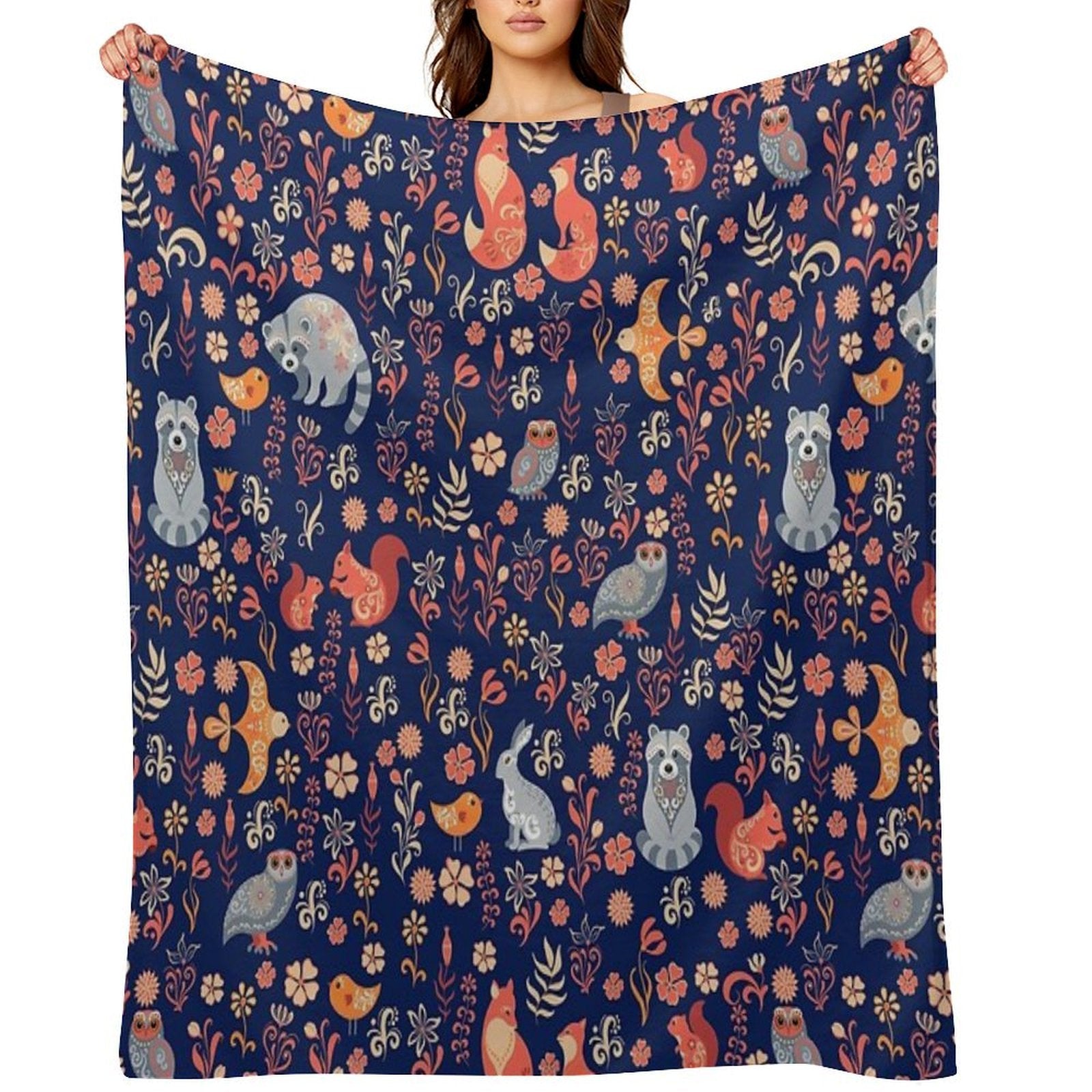 Fairy-tale Forest. Fox, Bear, Raccoon, Owls, Rabbits, Flowers And Herbs on A White Background. Seamless Pattern. Wrinkle-free Throw Blanket