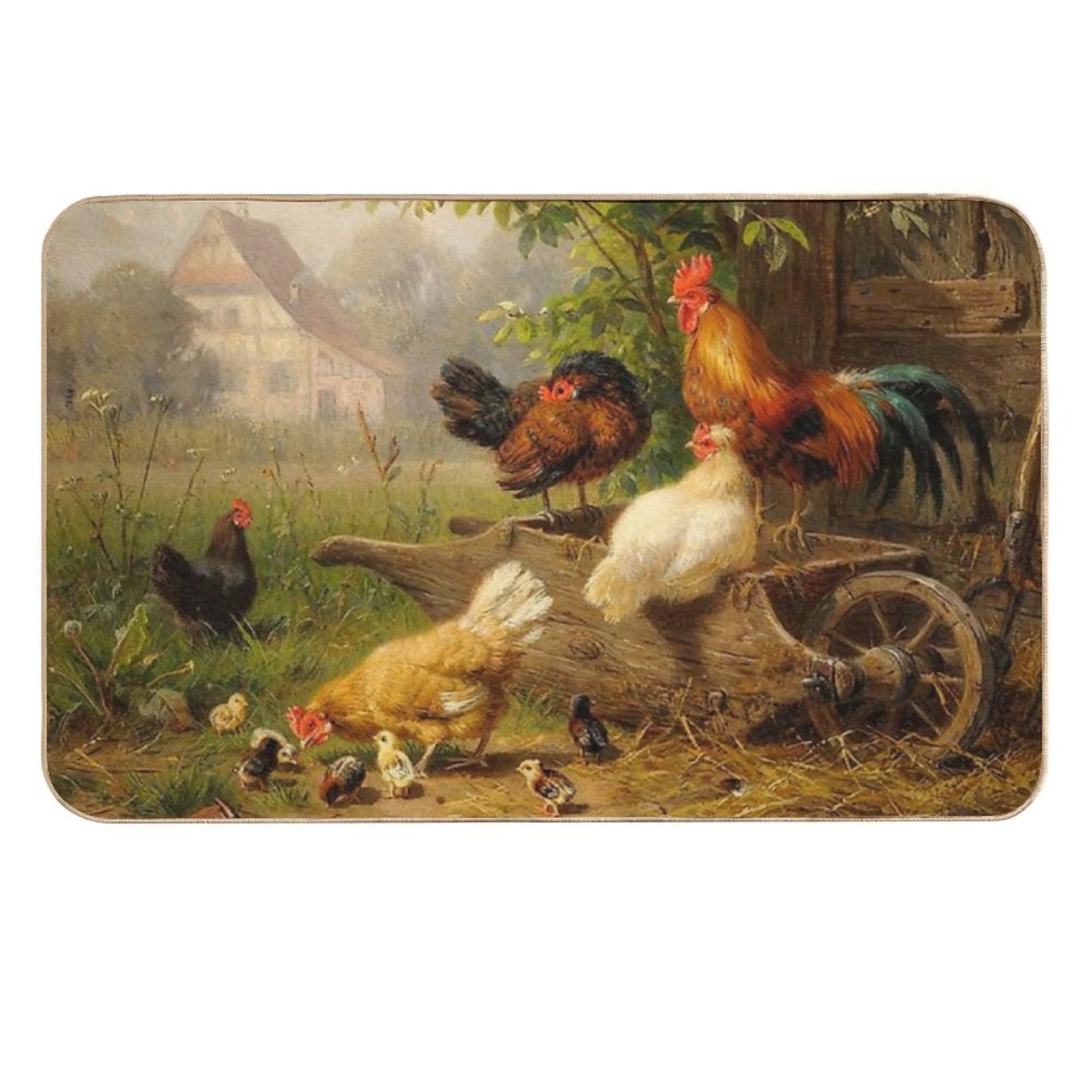 A Watchful Eye ,Rooster,Hens And Chickens With Wheelbarrow in Countryside  Stain-Proof Bath Mat