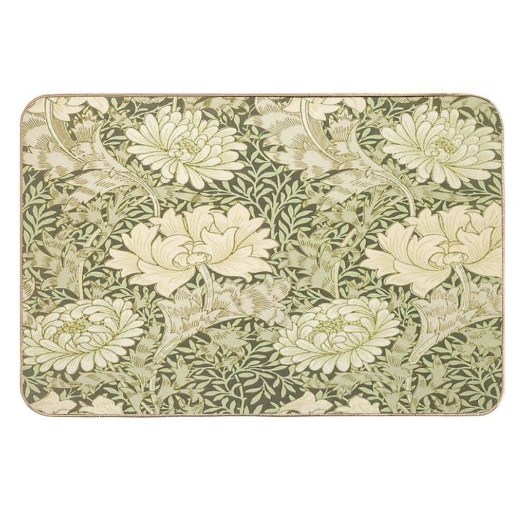 William Morris Vintage Green And White Chrysanthemum Floral Pattern  Non-Slip Bath Mat