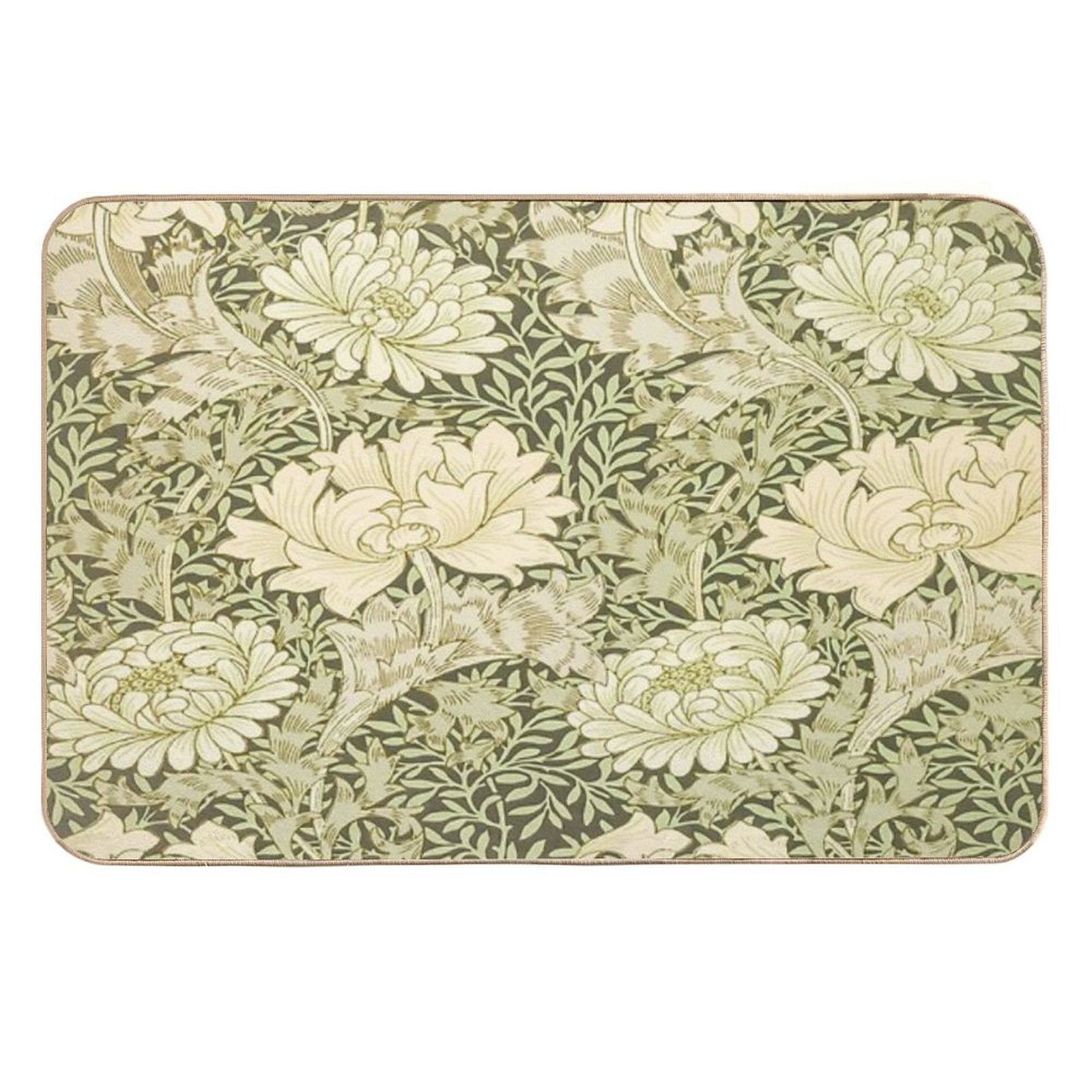 William Morris Vintage Green And White Chrysanthemum Floral Pattern  Non-Slip Bath Mat