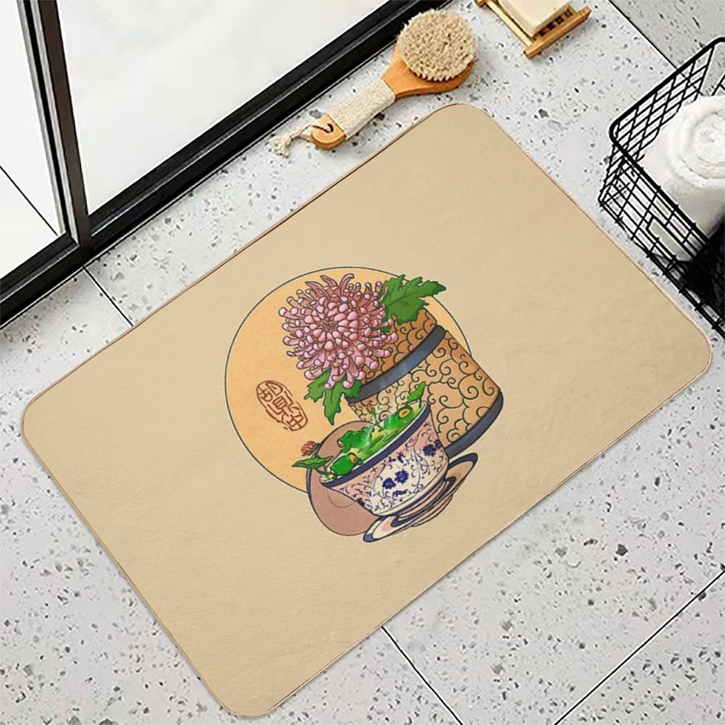 Tea Cup Chrysanthemum Flower Frog Yellow Bg  Versatile Bath Mat