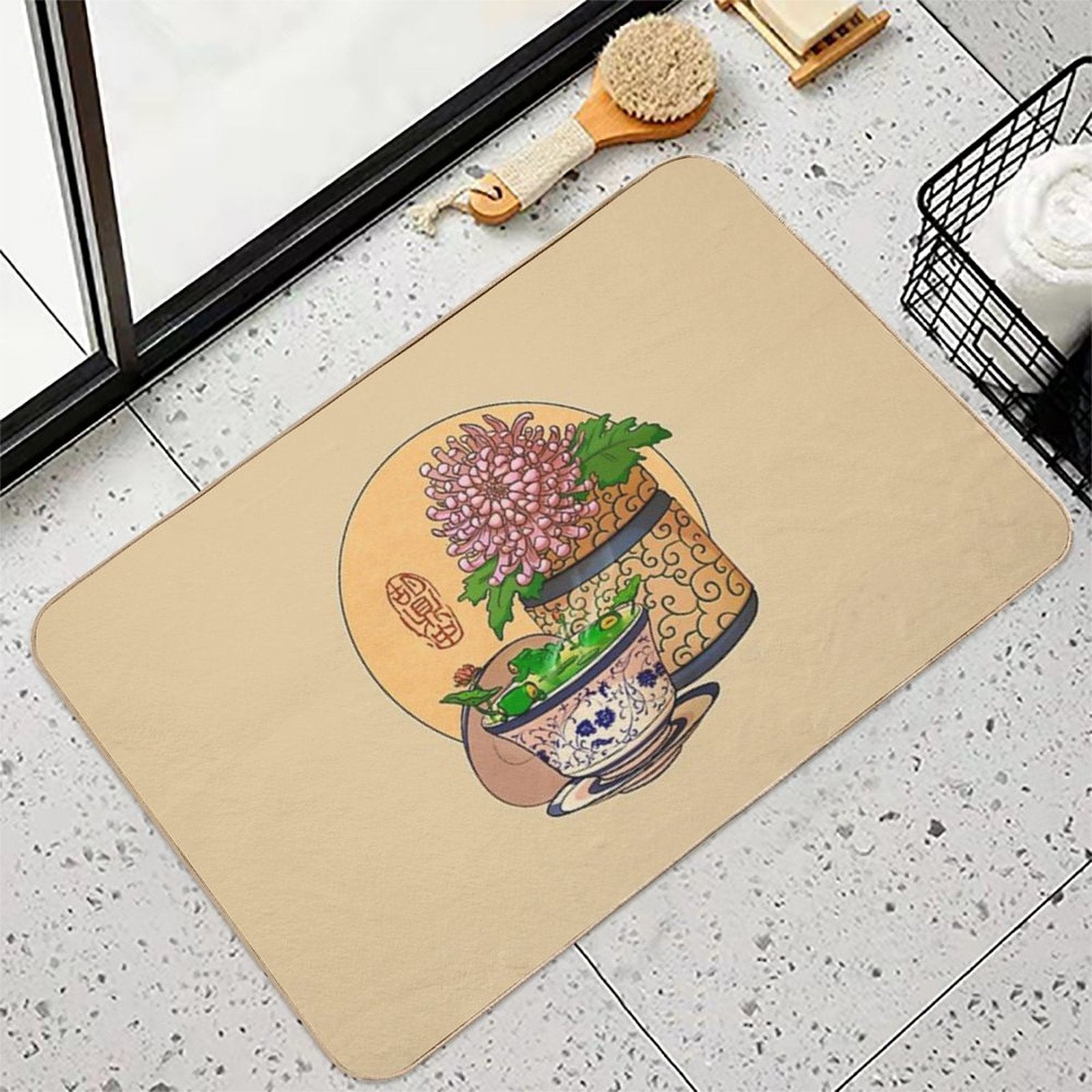 Tea Cup Chrysanthemum Flower Frog Yellow Bg  Versatile Bath Mat