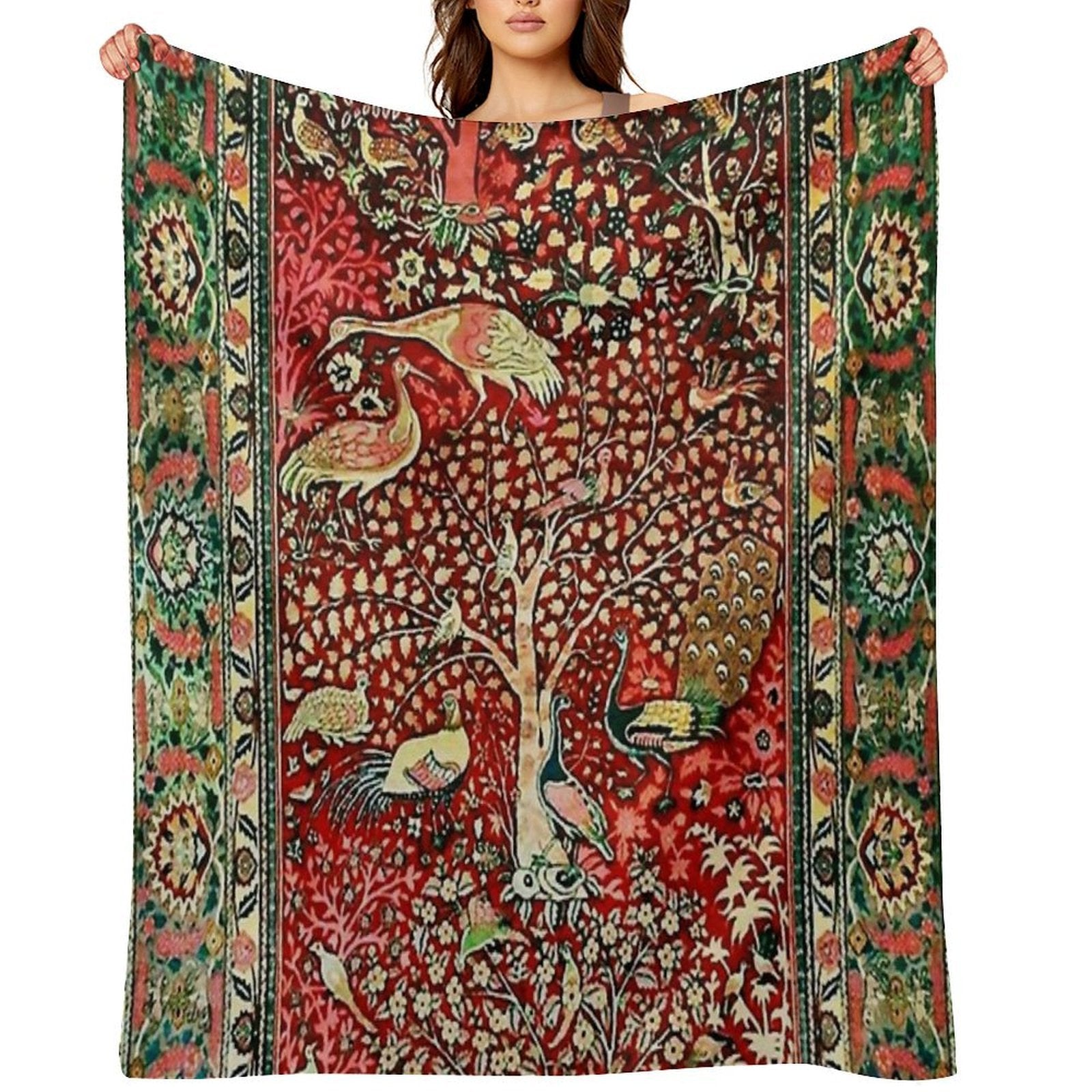 Antique Persian Rug Bird Tree Flowers Ca. 1600 Print Wrinkle-free Throw Blanket