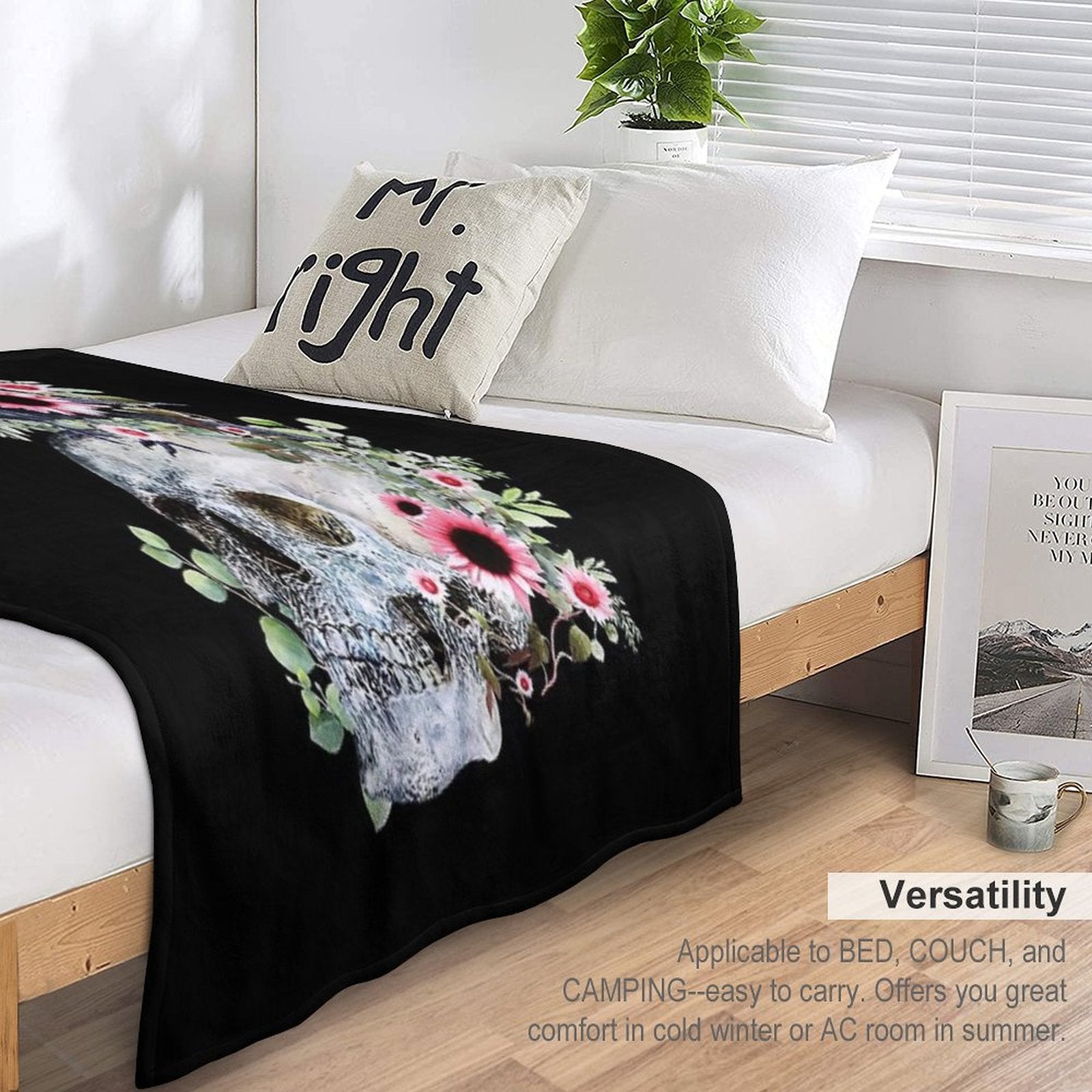 Black Raven with Skull And Leaves Crow, Skeleton Leaves Eucaliptus And Pink Sunflowers Machine-washable Throw Blanket