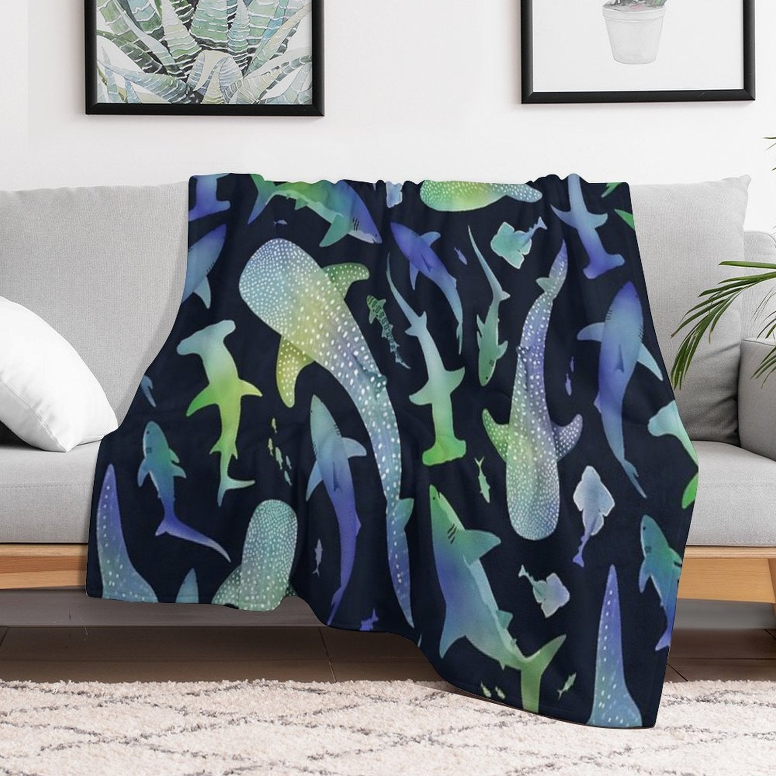 Blue And Green Watercolor Shark Ocean on Dark Navy Blue Travel-friendly Throw Blanket