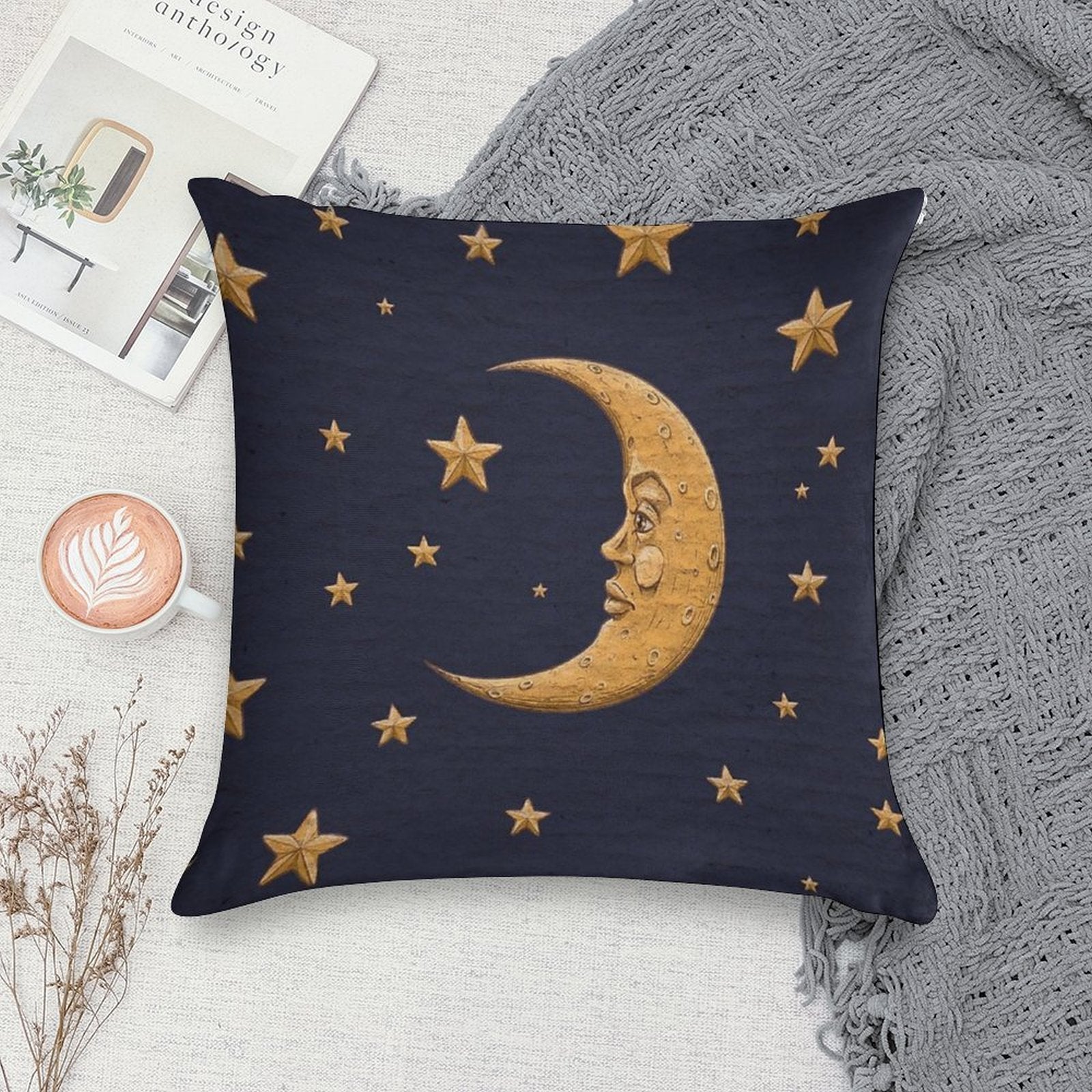 Vintage Gold Moon And Stars on Blue Soft Skin-Friendly Throw Pillow