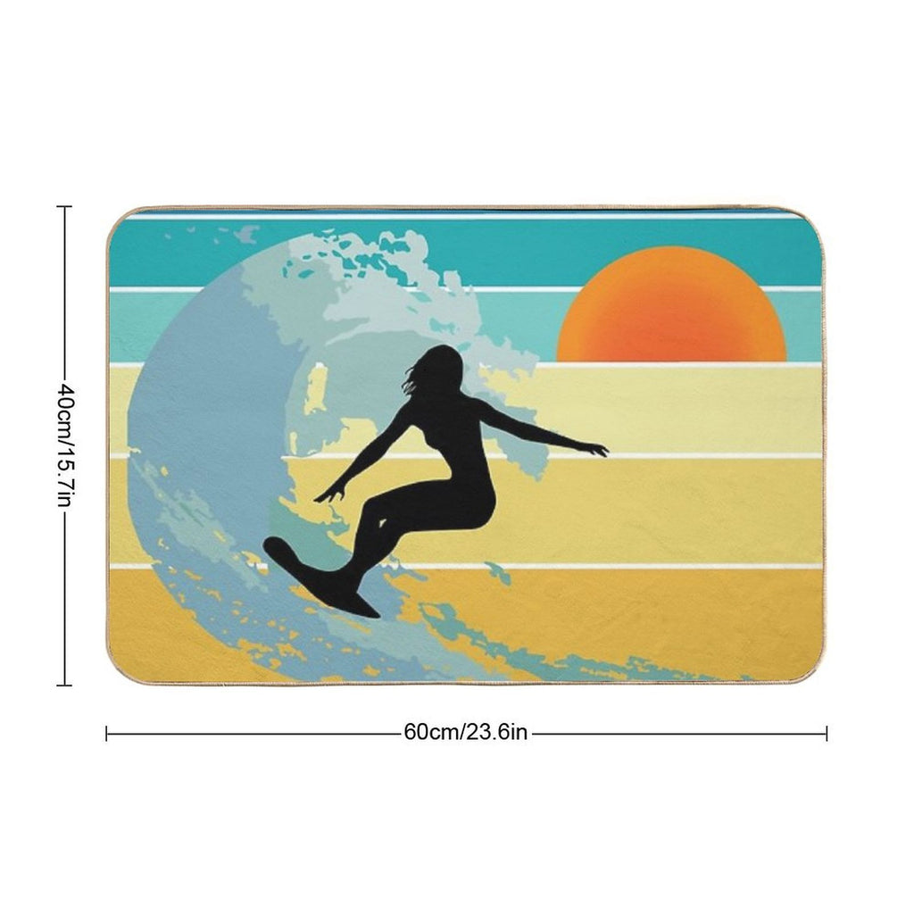 Sorry, I Can't, I Have A Board Meeting, Surfer Girl Silhouette at Sunset  Easy Maintenance Bath Mat