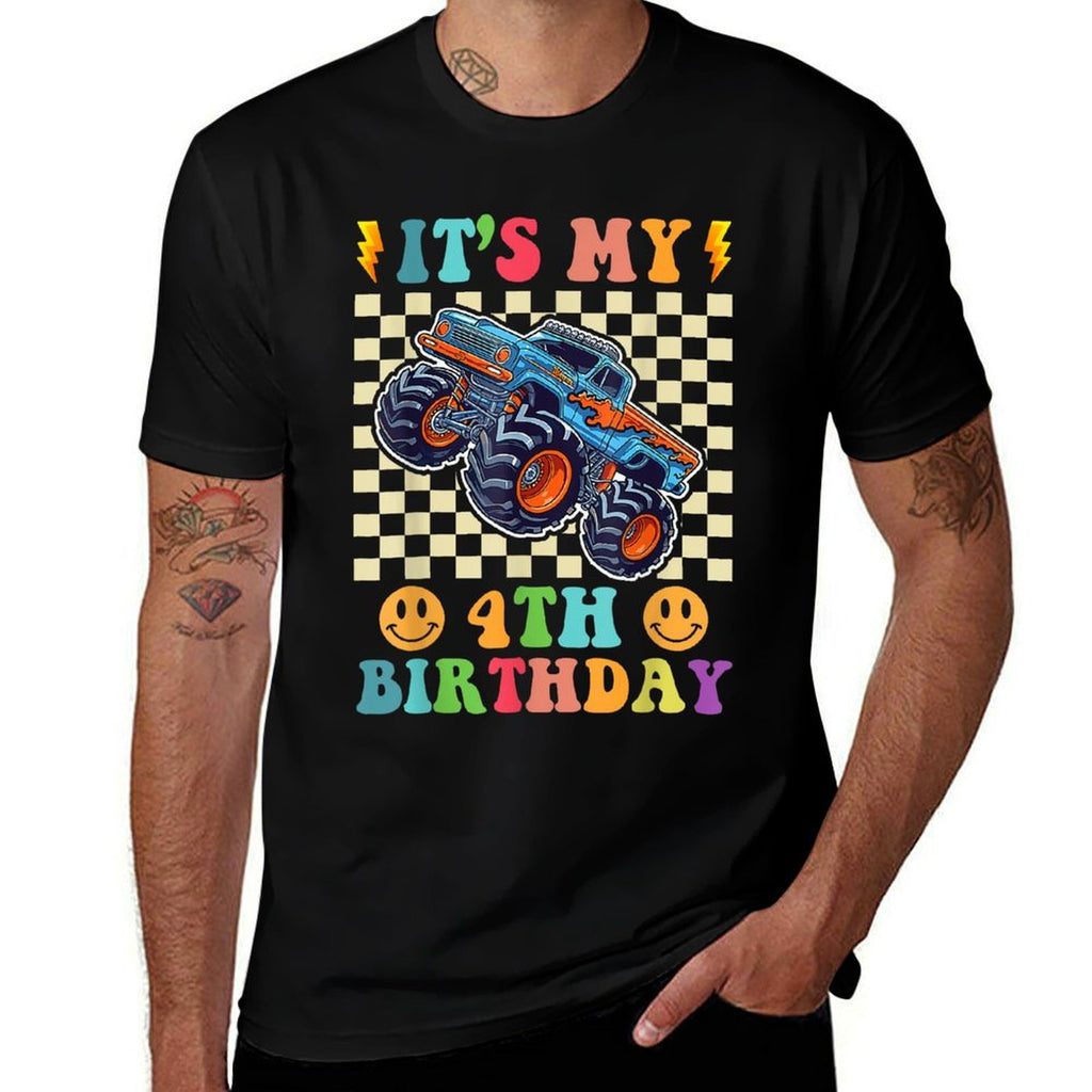 4 Year Old 4th Birthday Boy Monster Truck Car  Stretchy T-Shirt