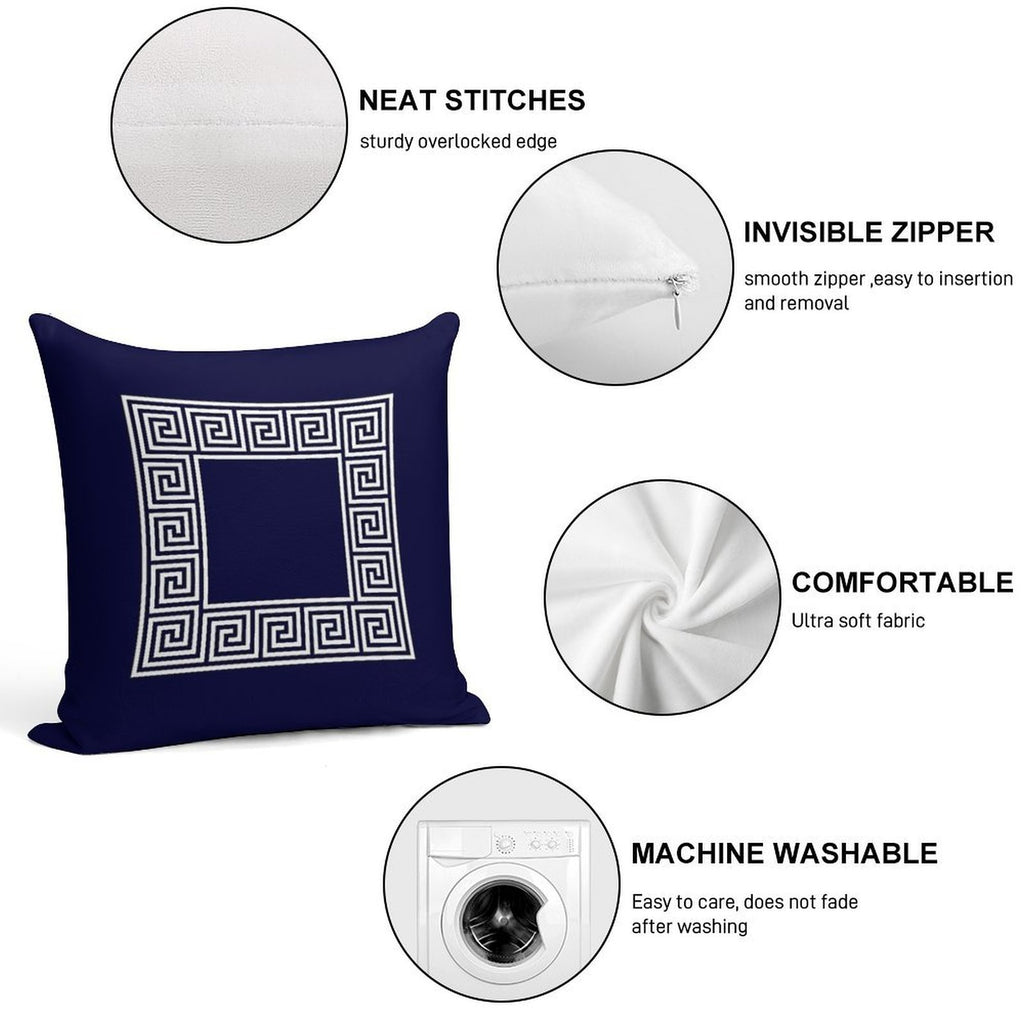 Navy Blue Greek Key Meander Square Soft Luxury Feel Throw Pillow